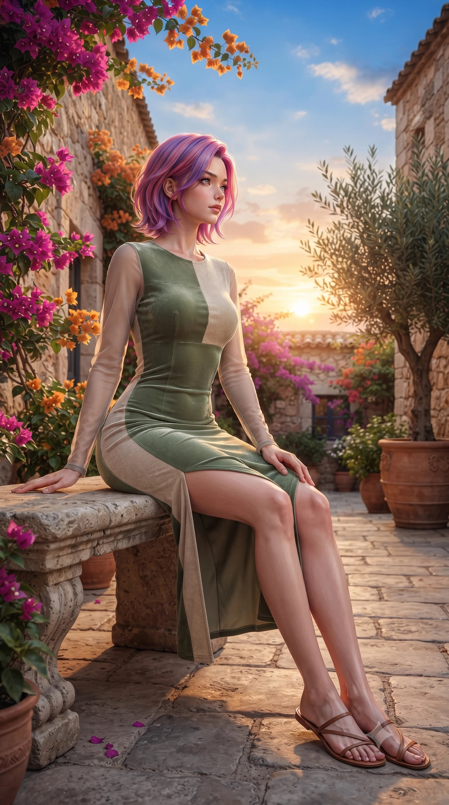 score_9, masterpiece, best quality, ultra-detailed, high-budget anime keyframe, editorial fashion photography, tasteful artistic composition, Caucasian woman. low angle full-body shot from head to toe showing her feet, filling the entire 9:16 vertical frame with her statuesque presence, stretching her vertical silhouette. navigating the luminous space with effortless poise, displaying her perfect model proportions resting on a stone bench in a Mediterranean courtyard blooming with bougainvillea, warm golden evening light painting the horizon in peach and amber tones. She has an absolutely perfect, statuesque 8.5-heads proportion, an exceptionally tall and slender model-like female figure with impossibly long slender legs and an ultra-slim waist. sharp v-shaped jawline, high-bridge nose, intricate jewel-like eyes with depth, thick eyelashes, glossy lips with a natural sheen. wearing a sleek bodycon knit dress with sheer organza sleeve panels in sage green and oatmeal, made of premium stretch velvet with a rich sheen, finished with a sleek side slit ascending to mid-thigh, the glove-like fit emphasizing her statuesque silhouette. bathed in bright white Mediterranean sunbeams and deep blue sky reflections. highly saturated vibrant anime colors, detailed shading with soft gradients, rich glossy textures, high-contrast stereoscopic depth, volumetric dynamic lighting, master piece, 9:16 ratio