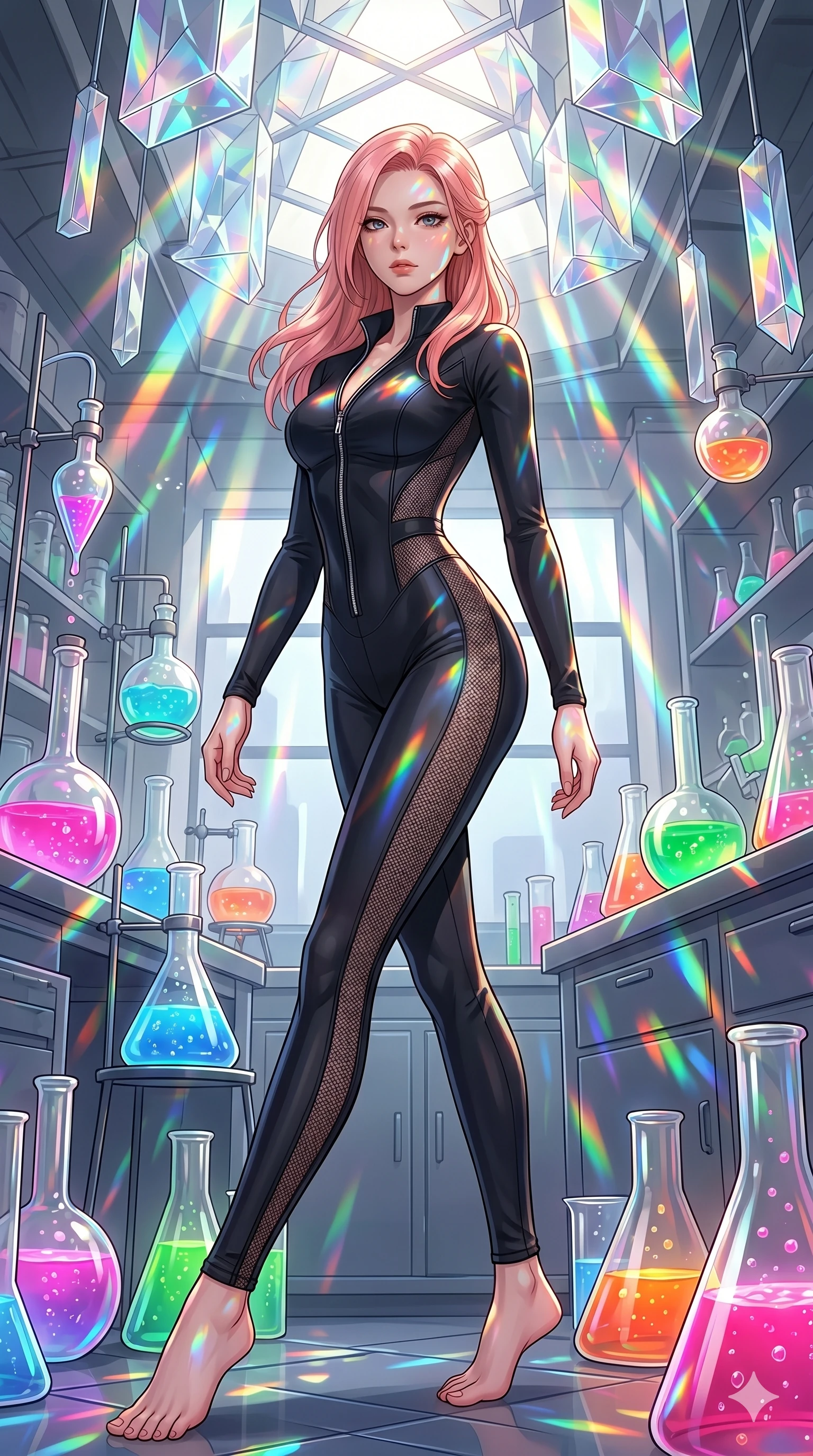 score_9, masterpiece, best quality, ultra-detailed, high-budget anime keyframe, editorial fashion photography, tasteful artistic composition, Japanese woman. low angle full-body shot from head to toe showing her feet, filling the entire 9:16 vertical frame with her statuesque presence, stretching her vertical silhouette. Executing a dynamic turning step with one leg extended behind inside a laboratory of glass flasks containing bubbling liquids of various neon colors. She has an absolutely perfect 8-heads proportion, an exceptionally tall and slender female figure with impossibly long slender legs and an ultra-slim waist. V-shaped jawline, high-bridge nose, intricate jewel-like eyes with depth, thick eyelashes, glossy lips with a natural sheen. wearing a long-sleeve black activewear jumpsuit with a front zip and semi-opaque mesh panels along the torso and thighs. illuminated by cascading rainbow prismatic light refracting through crystal overhead and casting patterns on her skin. 2k, ultra detail, master piece, 9:16 ratio