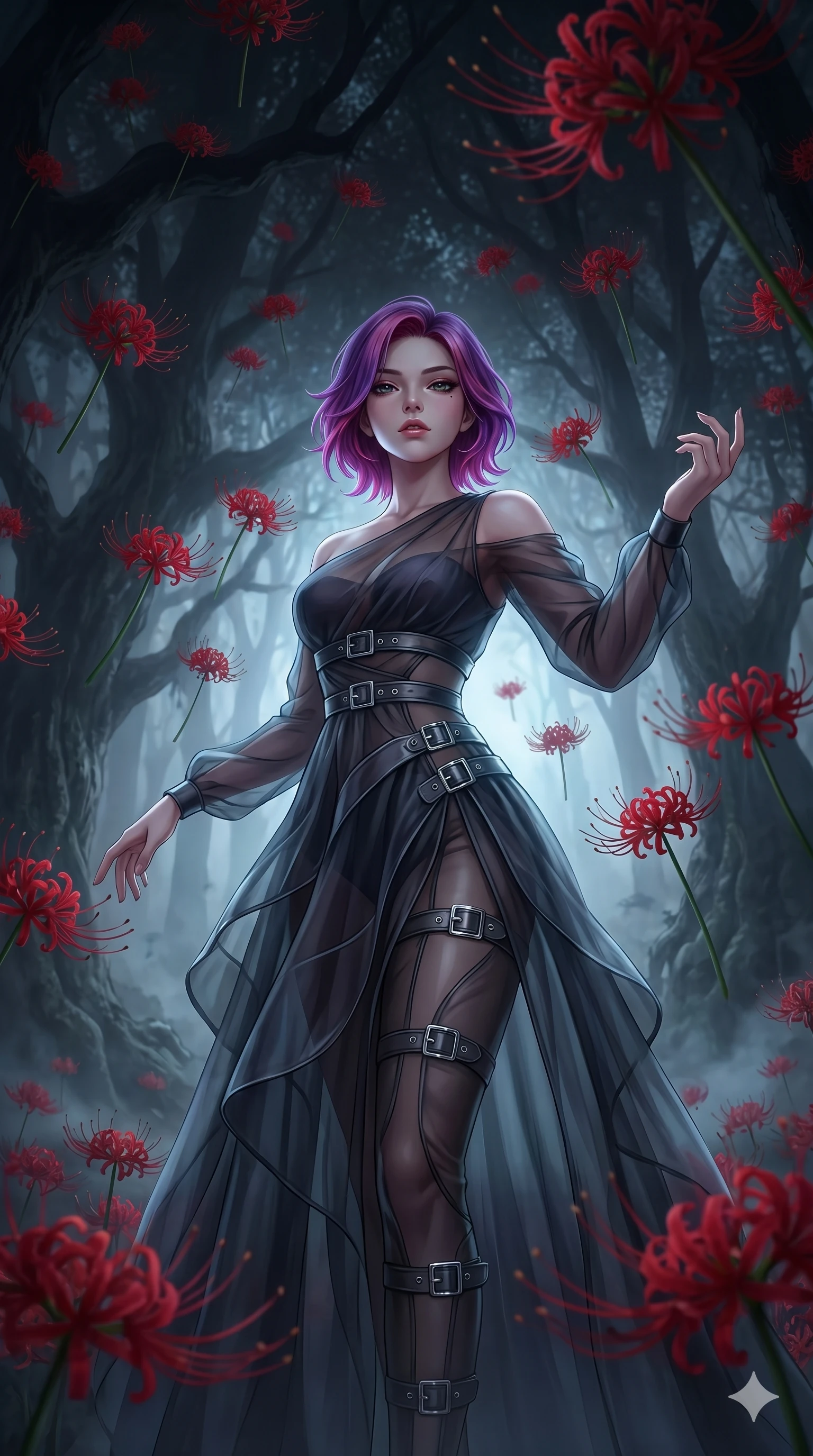 score_9, masterpiece, best quality, ultra-detailed, High-budget Anime Keyframe, East Asian woman. Low angle cowboy shot filling the entire 9:16 frame with her statuesque presence. Scenario 225: Dancing amidst falling red spider lilies in a misty dark forest. Her presence is magnetic and overpowering in this high-budget anime scene. Outfit 225: A sheer organza exposed-shoulder with a sculptural leg-extending silhouette and metallic buckles. The clothing is designed to emphasize her exceptionally tall and slender 8-heads proportion. 8-heads proportion, towering silhouette, ultra-slim waist. sharp v-shaped jawline, intricate jewel-like eyes with depth, thick eyelashes, glossy lips. 2k, ultra detail, master piece, 9:16 ratio