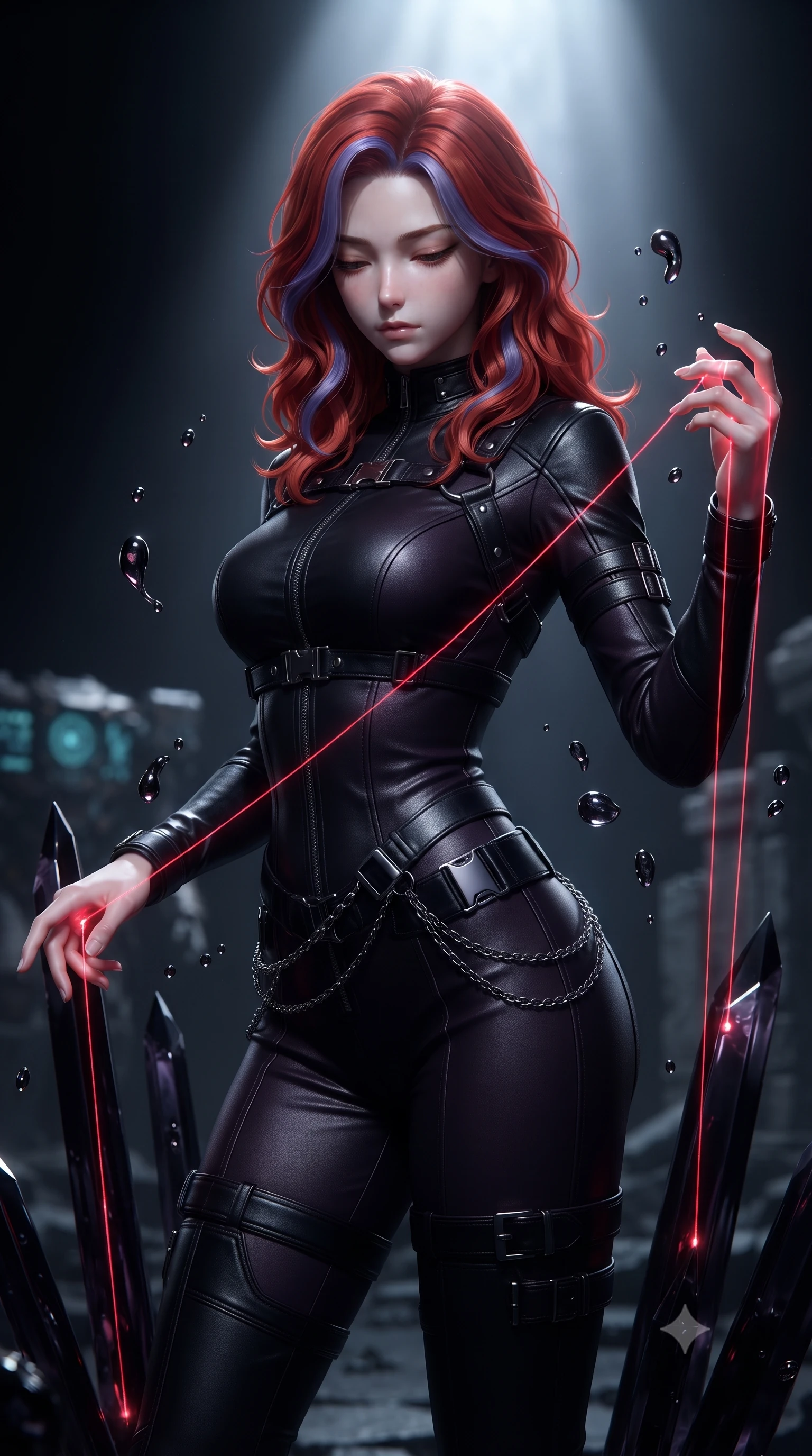 score_9, masterpiece, best quality, ultra-detailed, high-budget anime keyframe, editorial fashion photography, tasteful artistic composition, Caucasian woman. close-up cowboy shot from the waist and thighs up, the character dominates the composition, filling the frame with her large presence, background elements kept in soft focus. Looking down with lowered lashes and a composed, powerful dark aura, threading glowing crimson ether through sharp obsidian crystal pillars, dark liquid crystal droplets frozen in zero gravity around her form. She has an exceptionally elegant, slender, and willowy female figure with an ultra-slim waist, a gracefully sculpted slender torso, and a refined silhouette. sharp v-shaped jawline, high-bridge nose, intricate jewel-like eyes with depth, thick eyelashes, glossy lips with a natural sheen. wearing second-skin matte carbon-fiber combat suit in onyx black in dark plum violet, made of polished black leather, framed by dark titanium buckles and silver chain details, highlighting her statuesque proportions and ultra-slim waistline. lit by a cold silver beam cutting through pitch-black darkness. highly saturated vibrant anime colors, detailed shading with soft gradients, rich glossy textures, high-contrast stereoscopic depth, volumetric dynamic lighting, master piece, 9:16 ratio