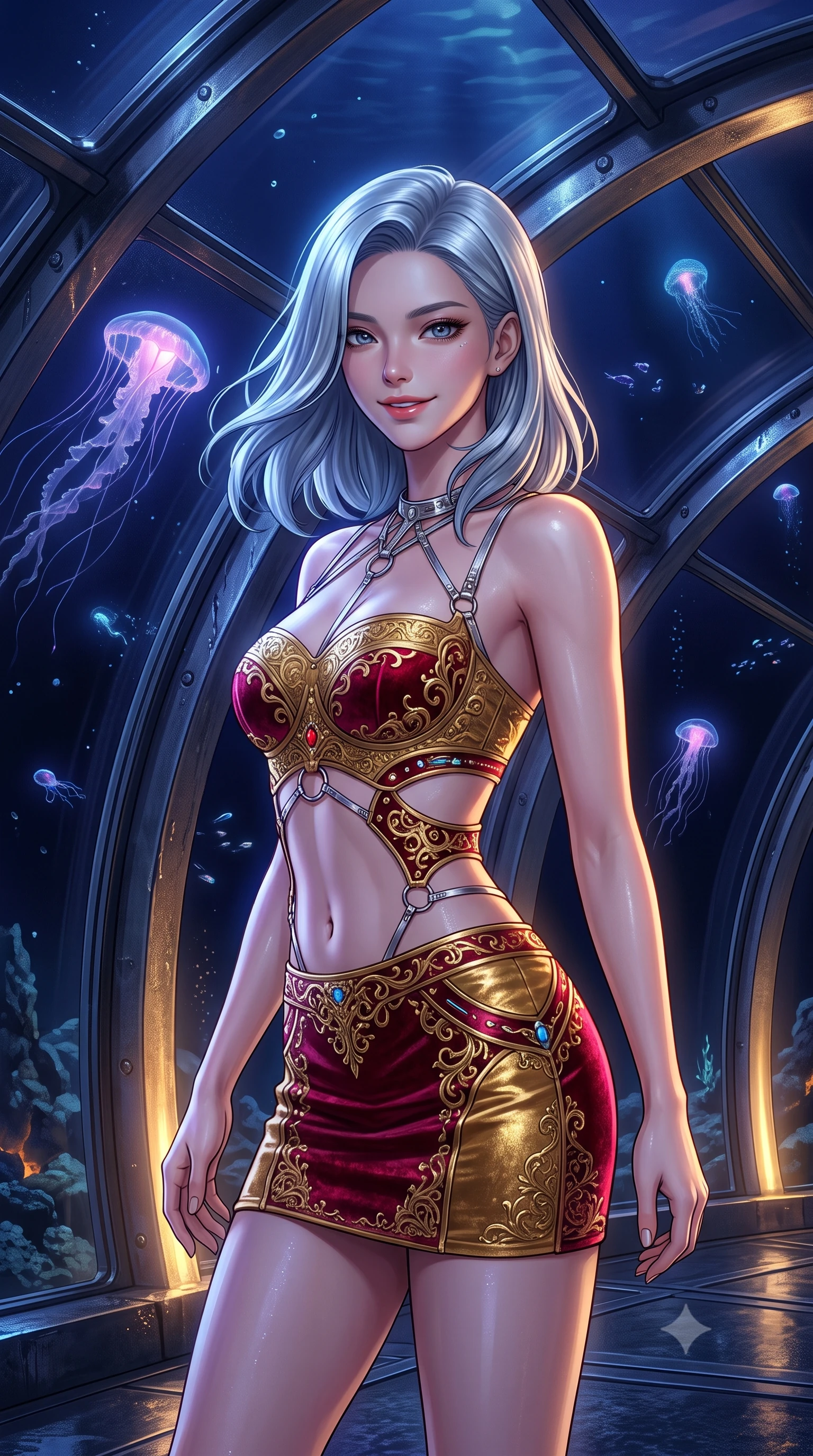score_9, masterpiece, best quality, ultra-detailed, high-budget anime keyframe, editorial fashion photography, tasteful artistic composition, Korean woman. close-up cowboy shot from the waist and thighs up, the character dominates the composition, filling the frame with her large presence. turning slowly with an enchanting smoldering smile, her glossy hair tossing in the breeze as her hips angle gracefully in a captivating contrapposto while standing poised beneath the monumental pressure-resistant glass vault at the floor of the Mariana Trench, arching her spine with mysterious siren elegance as giant siphonophores drift past. The surrounding environment is rendered in vivid detail and crisp panoramic clarity: sharp reinforced titanium arch ribs, crystal-clear thick acrylic dome segments, and mineral crusts on ocean volcanic rock in deep focus. She has an exceptionally elegant, slender, and willowy female figure with an ultra-slim waist, flat toned midriff, narrow ribcage, and sculpted feminine hips creating an alluring, slim hourglass silhouette without bulk. sharp v-shaped jawline, high-bridge nose, intricate jewel-like sparkling eyes with depth, thick eyelashes, glossy parted lips with a natural peach sheen, bright cheerful beaming smile with an enchanting and coquettish sensual glint, exuding both youthful cute charm and seductive allure, flawlessly proportioned anatomical accuracy, strict slender model proportions, natural body alignment, perfectly sculpted long slender limbs, ultra-slim waistline, clean dynamic posture without body distortion. wearing an ultra-cropped tech-wear bandeau top paired with a micro mini skirt revealing her flat toned midriff in Cyber-Baroque gilded gold and royal crimson velvet, adorned with delicate chrome ring hardware and cutouts along her slender waist, accented with a chrome-drop body harness subtly framing her dewy collarbones and spine, the form-contouring silhouette accentuating her sculpted flat midriff, narrow delicate ribcage, and gracefully curvy hips with intoxicating allure. bathed in deep ocean blue-violet ambient light mixed with warm 2200K golden geothermal vent radiance. ultra-reflective glossy finish, specular highlights, rich textural contrasts, high-contrast stereoscopic depth, volumetric dynamic lighting, 2k, ultra detail, master piece, 9:16 ratio