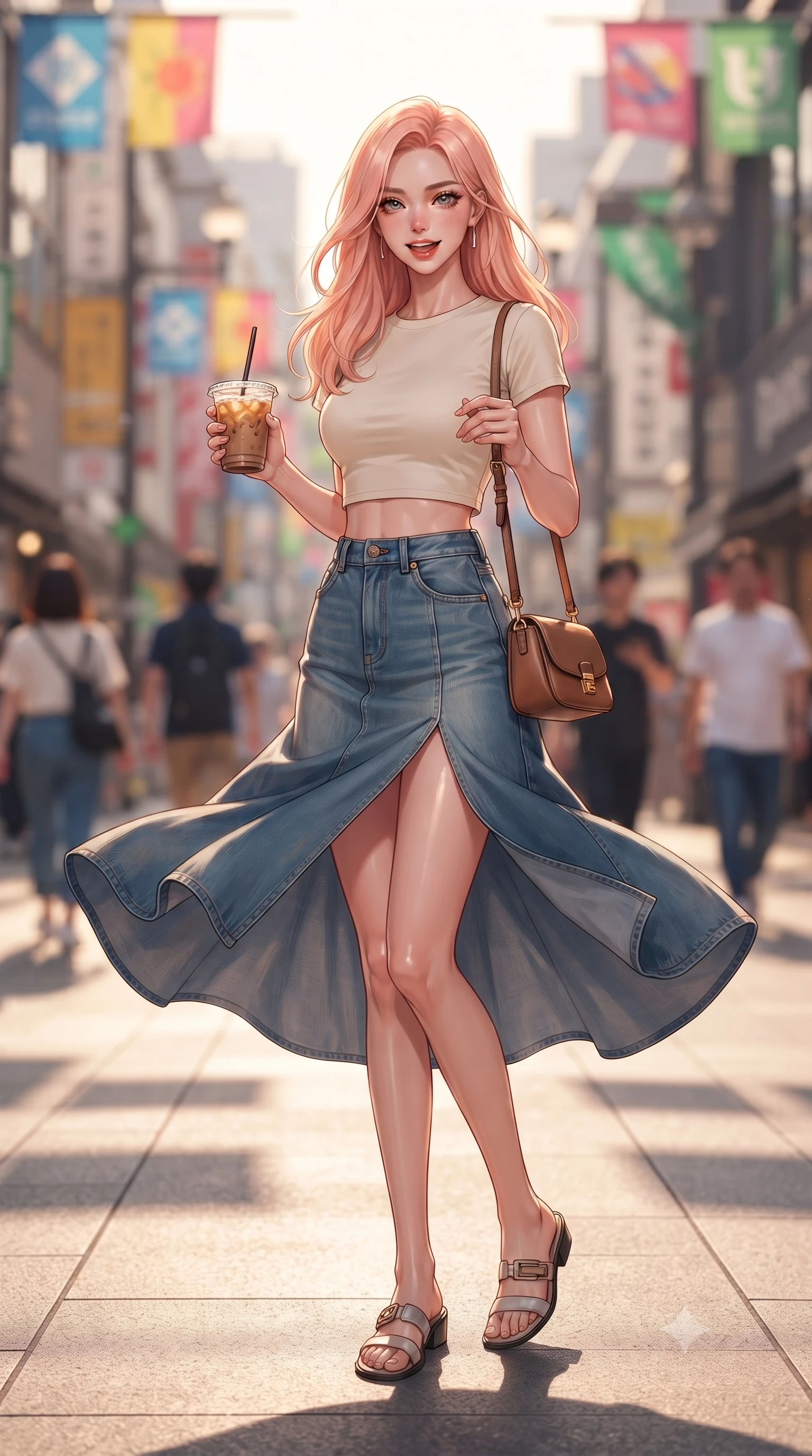 score_9, masterpiece, best quality, ultra-detailed, high-budget anime keyframe, editorial fashion photography, tasteful artistic composition, Japanese woman. low angle full-body shot from head to toe showing her feet, filling the entire 9:16 vertical frame with her statuesque presence, stretching her vertical silhouette. twirling around with a playful, cute laugh, her skirt billowing beautifully in the air set against a soft-focus background of walking down a pedestrian shopping boulevard with colorful flags overhead holding a trendy paper cup of iced coffee and a small leather purse. She has an absolutely perfect, statuesque 8.5-heads proportion, an exceptionally tall and slender model-like female figure with impossibly long slender legs and an ultra-slim waist. sharp v-shaped jawline, high-bridge nose, intricate jewel-like eyes with depth, thick eyelashes, glossy lips with a natural sheen. wearing tailored modern crop top tee in cream, paired with a high-slit denim midi skirt. golden hour sunset light casting long shadow lines on the concrete pavement. ultra-reflective glossy finish, specular highlights, metallic sheen, high-contrast stereoscopic depth, volumetric dynamic lighting, 2k, ultra detail, master piece, 9:16 ratio