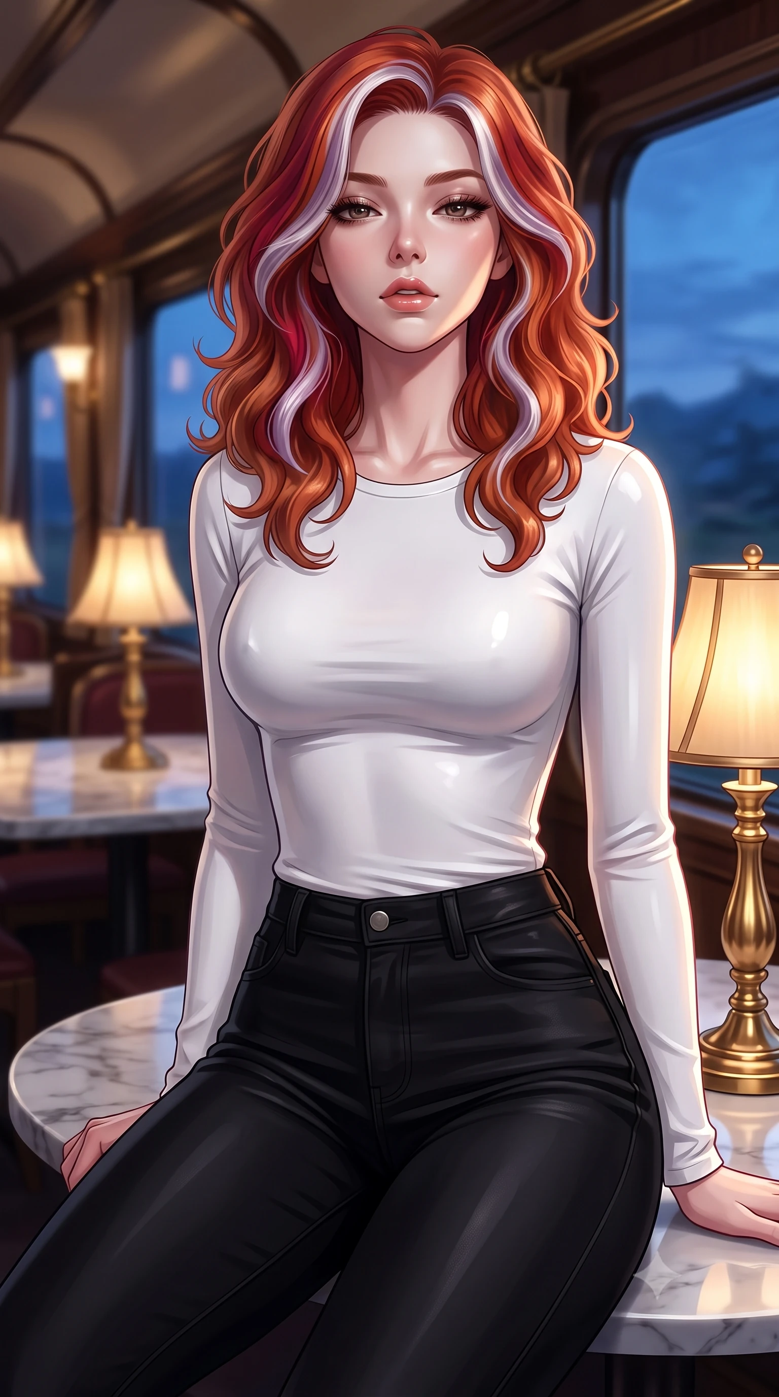 score_9, masterpiece, best quality, ultra-detailed, high-budget anime keyframe, editorial fashion photography, tasteful artistic composition, Caucasian woman. close-up cowboy shot from the waist and thighs up, the character dominates the composition, filling the frame with her large presence, background elements kept in soft focus. tilting her chin up slightly with lips parted in a composed, provocative expression the background shows a soft-focus the dining car of a retro-luxury train with marble tables and brass lamps. She has an exceptionally elegant, slender, and willowy female figure with an ultra-slim waist, a gracefully sculpted slender torso, and a refined silhouette. sharp v-shaped jawline, high-bridge nose, intricate jewel-like eyes with depth, thick eyelashes, glossy lips with a natural sheen. wearing a tailored tight-fitting long-sleeve tee in pure white, tucked into high-waisted black skinny pants. warm glowing table lamps contrasting with the cool blue dusk landscape outside. ultra-reflective glossy finish, specular highlights, metallic sheen, high-contrast stereoscopic depth, volumetric dynamic lighting, 2k, ultra detail, master piece, 9:16 ratio