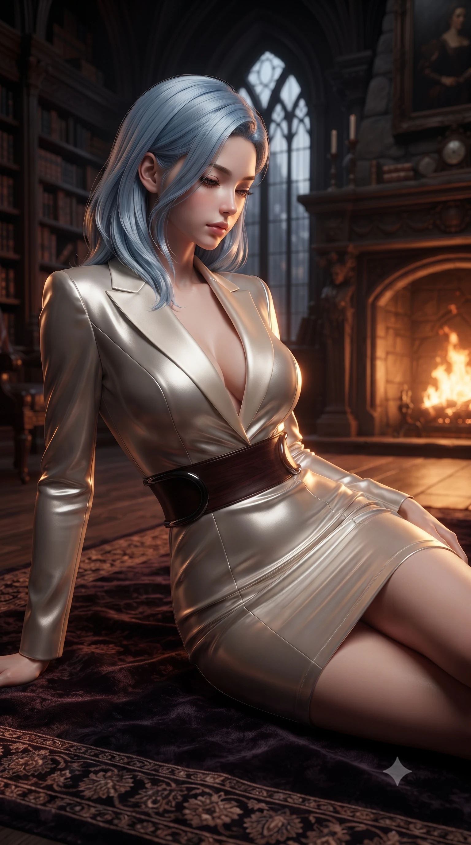 score_9, masterpiece, best quality, ultra-detailed, high-budget anime keyframe, editorial fashion photography, tasteful artistic composition, Korean woman. close-up cowboy shot from the waist and thighs up, the character dominates the composition, filling the frame with her large presence, background elements kept in soft focus. Looking down with lowered lashes and a composed, powerful dark aura, resting on a plush dark velvet rug before a roaring stone fireplace in a gothic library, smooth skin finish glinting with warm amber specular highlights. She has an exceptionally elegant, slender, and willowy female figure with an ultra-slim waist, a gracefully sculpted slender torso, and a refined silhouette. sharp v-shaped jawline, high-bridge nose, intricate jewel-like eyes with depth, thick eyelashes, glossy lips with a natural sheen. wearing tailored ivory tux dress with satin lapels and fitted waist in dark mahogany, made of liquid dark mercury jersey, accented with sculpted obsidian chrome rings at the waist, the fitted fabric emphasizing her ultra-slim waist. illuminated by warm orange firelight radiating from the stone hearth. ultra-reflective glossy finish, specular highlights, metallic sheen, high-contrast stereoscopic depth, volumetric dynamic lighting, 2k, ultra detail, master piece, 9:16 ratio