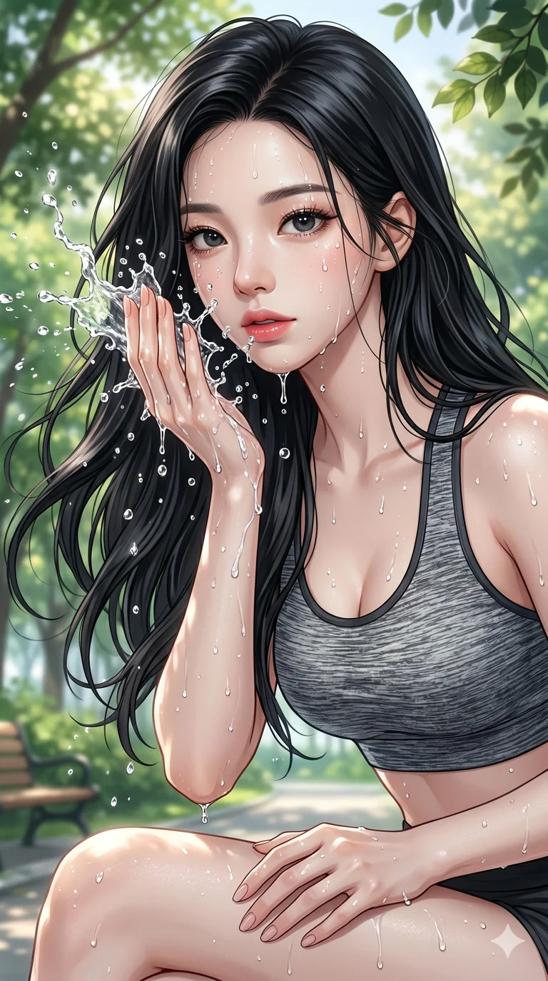 score_9, score_8_up, score_7_up, source_anime, masterpiece, best quality, ultra-detailed, same character with long flowing black hair, wearing a grey sports bra, upper body close-up from thigh up filling the screen, splashing water on her face to cool down, water droplets on skin, park background with greenery, 2k, 9:16 ratio