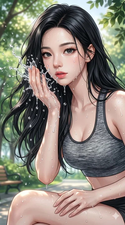 score_9, score_8_up, score_7_up, source_anime, masterpiece, best quality, ultra-detailed, same character with long flowing black hair, wearing a grey sports bra, upper body close-up from thigh up filling the screen, splashing water on her face to coo