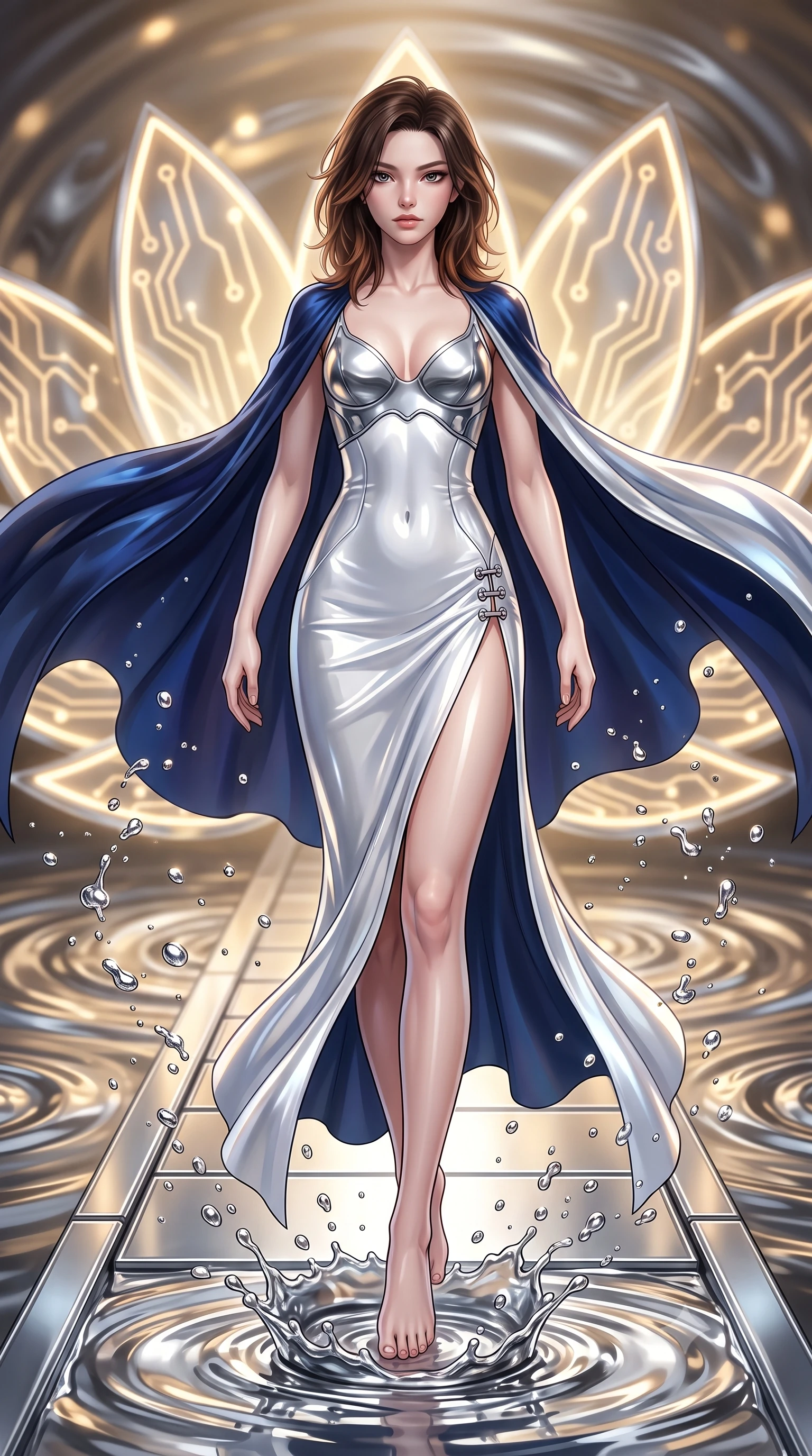 score_9, masterpiece, best quality, ultra-detailed, high-budget anime keyframe, semi-realistic 3D game render, editorial fashion photography, tasteful artistic composition, Korean woman. low angle full-body shot from head to toe showing her feet, filling the entire 9:16 vertical frame with her statuesque presence, stretching her vertical silhouette. performing an alluring mid-air vault with flawless poise, looking directly into the camera with regal, divine intensity while pivoting dynamically on a submerged chrome walkway as liquid mercury droplets splash like molten chrome beads in mid-air. The composition keeps background elements in soft focus with creamy bokeh. giant glowing circuit lotus petals and swirling mercury ripples blurred into rich golden and chrome bokeh. She has an absolutely perfect, statuesque 8.5-heads proportion, an exceptionally tall and slender model-like female figure with impossibly long slender legs, a toned flat midriff, and an ultra-slim waist. sharp v-shaped jawline, high-bridge nose, intricate jewel-like eyes with depth, thick eyelashes, glossy lips with a natural sheen, flawlessly proportioned anatomical accuracy, strict slender model proportions, natural body alignment, perfectly sculpted long slender limbs, ultra-slim waistline, clean dynamic posture without body distortion. wearing a form-contouring white liquid-mercury gown with polished silver biomechanical breastplate and flowing luminescent chiffon cape in deep midnight navy blue and pure starlight chrome, formed from high-gloss patent material with specular chiaroscuro reflections, finished with an ultra-high side slit secured by miniature magnetic clasps, the form-contouring material adhering flawlessly to her sculpted flat midriff and slender torso, emphasizing her long leg lines and perfectly proportioned willowy build. surrounded by an opulent, mystical, and sacredly sensual android goddess ambiance. rich saturated anime colors with glowing neon highlights, detailed shading with soft gradients, rich glossy textures, high-contrast stereoscopic depth, volumetric dynamic lighting, master piece, 9:16 ratio