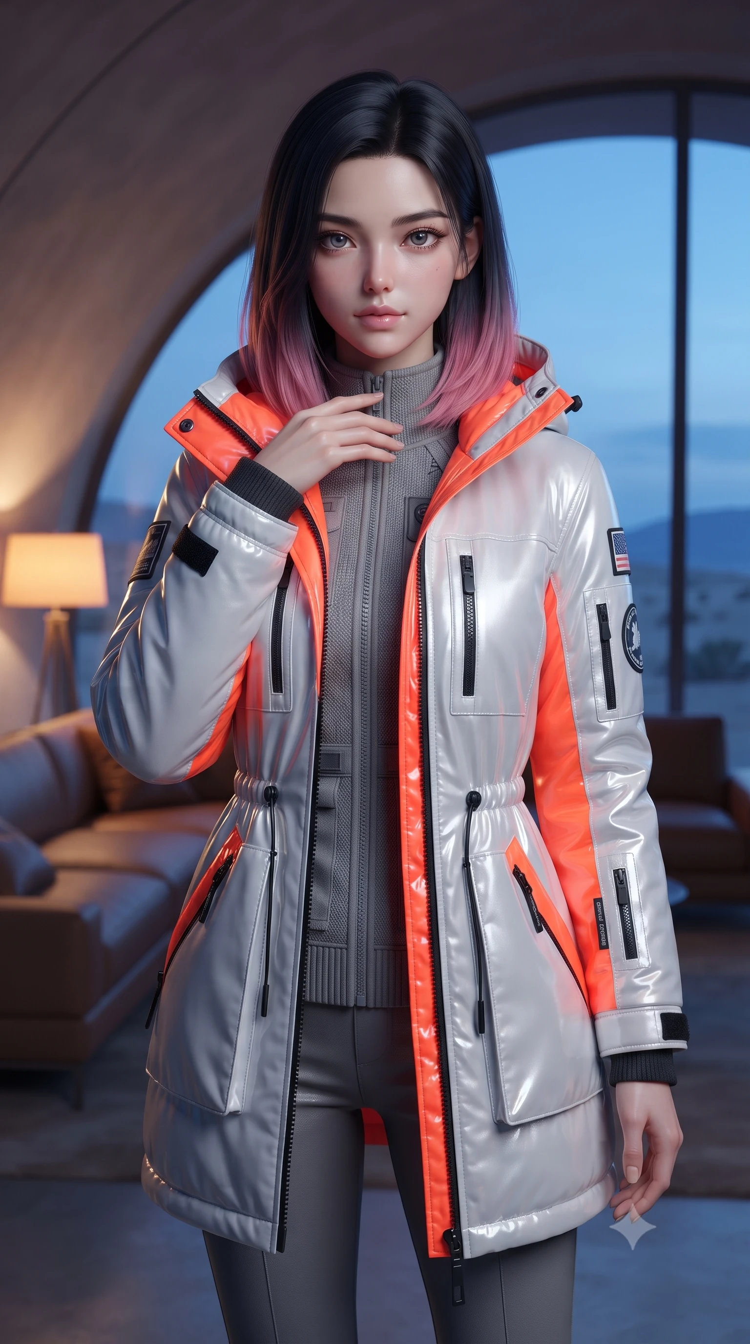 score_9, masterpiece, best quality, ultra-detailed, high-budget anime keyframe, editorial fashion photography, tasteful artistic composition, Korean woman. close-up cowboy shot from the waist and thighs up, the character dominates the composition, filling the frame with her large presence, background elements kept in soft focus. standing with one hand resting on her collarbone, looking at the viewer with bedroom-eyes the background shows a soft-focus a modern desert dome lounge with leather sofas and large panoramic windows. She has an exceptionally elegant, slender, and willowy female figure with an ultra-slim waist, a gracefully sculpted slender torso, and a refined silhouette. sharp v-shaped jawline, high-bridge nose, intricate jewel-like eyes with depth, thick eyelashes, glossy lips with a natural sheen. wearing a body-hugging heavy polar-station parka in white and neon orange tech-fabric, over a grey utility sweater. cool blue twilight sky glow contrasting with the warm amber glow of a bedside lamp. ultra-reflective glossy finish, specular highlights, metallic sheen, high-contrast stereoscopic depth, volumetric dynamic lighting, 2k, ultra detail, master piece, 9:16 ratio
