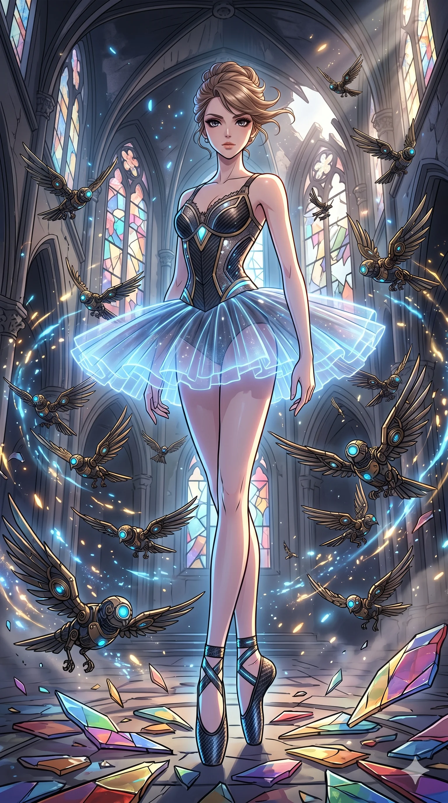 score_9, masterpiece, best quality, ultra-detailed, Set A: High-budget Anime Keyframe, Caucasian (strictly human ears) woman. Low angle cowboy shot filling the entire 9:16 frame with her statuesque presence. Standing victoriously through a shattered glass cathedral, surrounded by a whirlwind of 222 mechanical birds and surrounded by glowing energy sparks. She has an absolutely perfect 8-heads proportion, an exceptionally tall and slender female figure with impossibly long slender legs and an ultra-slim waist. Sharp v-shaped jawline, high-bridge nose, intricate jewel-like eyes with depth, thick eyelashes, glossy lips with a natural sheen. Wearing Futuristic ballet outfit with a glowing tutu and carbon-fiber pointe shoes. Cinematic lighting, vibrant colors, dramatic shadows, 2k, ultra detail, master piece, 9:16 ratio