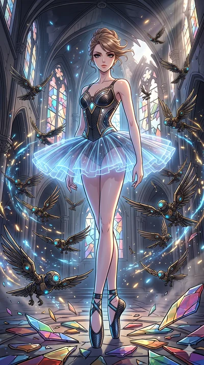 score_9, masterpiece, best quality, ultra-detailed, Set A: High-budget Anime Keyframe, Caucasian (strictly human ears) woman. Low angle cowboy shot filling the entire 9:16 frame with her statuesque presence. Standing victoriously through a shattered 