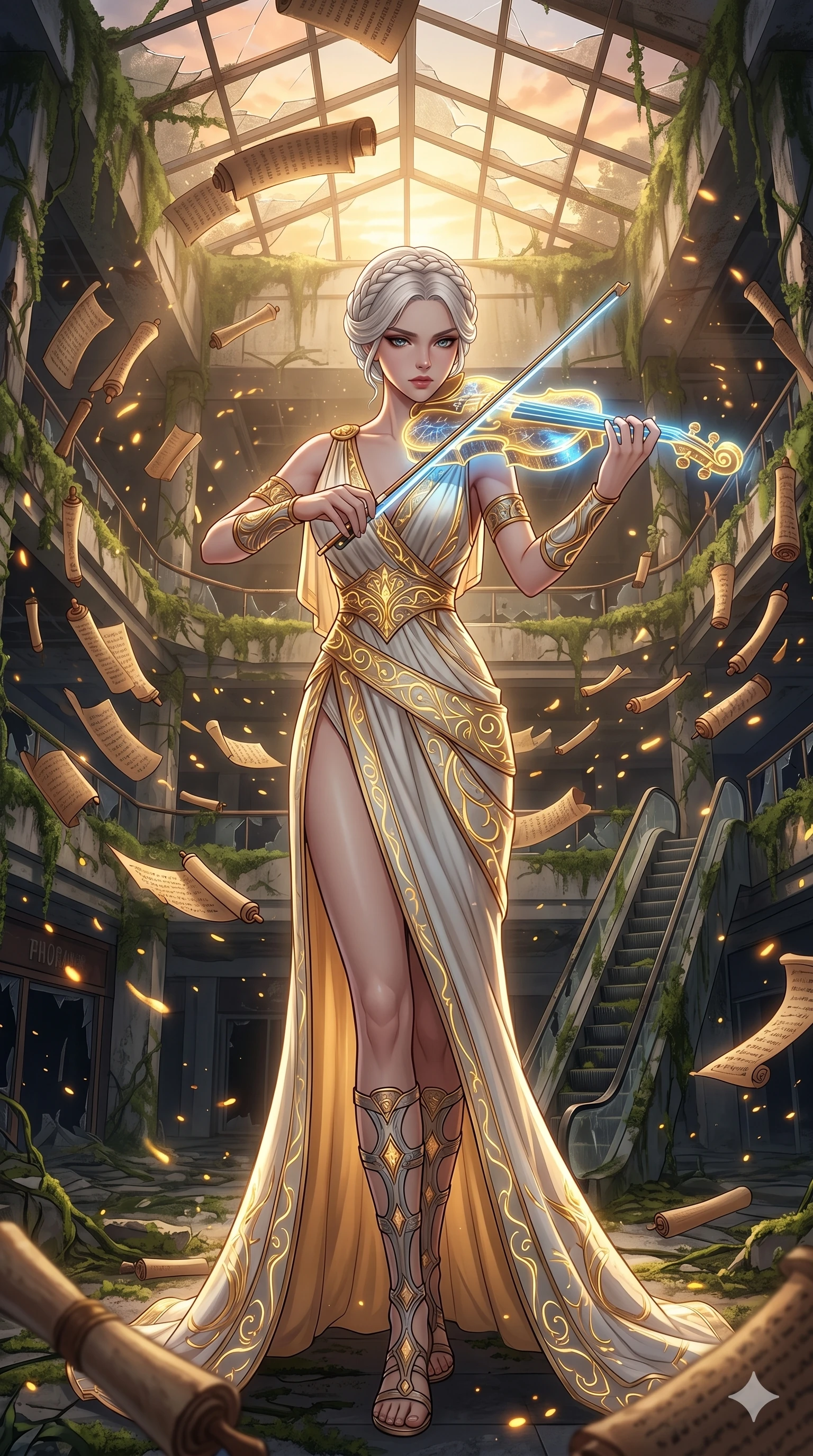 score_9, masterpiece, best quality, ultra-detailed, Set A: High-budget Anime Keyframe, Korean woman. Low angle cowboy shot filling the entire 9:16 frame with her statuesque presence. Theme: Ethereal Dream. playing a holographic violin in a ruined overgrown shopping mall, surrounded by a whirlwind of 183 floating ancient scrolls. The atmosphere is filled with golden hour with floating embers. She has an absolutely perfect 8-heads proportion, an exceptionally tall and slender female figure with impossibly long slender legs and an ultra-slim waist. Sharp v-shaped jawline, high-bridge nose, intricate jewel-like eyes with depth, glossy lips. Wearing Ancient Roman-style tech-toga with glowing gold filigree and a high side slit. Cinematic lighting, vivid colors, dramatic shadows, 2k, ultra detail, master piece, 9:16 ratio