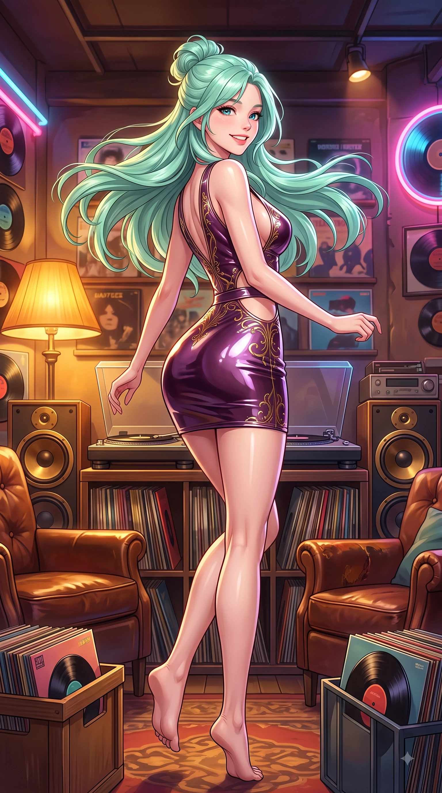score_9, masterpiece, best quality, ultra-detailed, high-budget anime keyframe, editorial fashion photography, tasteful artistic composition, Japanese woman. low angle full-body shot from head to toe showing her feet, filling the entire 9:16 vertical frame with her statuesque presence, stretching her vertical silhouette. performing a cheerful mid-air rotation with flawless poise, her radiant smile capturing fresh college girlhood energy while browsing vintage vinyl record albums in a cozy Hongdae LP bar with a sweet playful smile, vintage turntables, brass speakers, and leather armchairs creating retro charm. She has an absolutely perfect, statuesque 8.5-heads proportion, an exceptionally tall and slender model-like female figure with impossibly long slender legs and an ultra-slim waist. sharp v-shaped jawline, high-bridge nose, intricate jewel-like eyes with depth, thick eyelashes, glossy lips with a natural sheen, flawlessly proportioned anatomical accuracy, natural body alignment, perfectly sculpted elegant limbs, clean dynamic posture without body distortion. wearing a liquid mercury gloss mini dress with ultra-deep V-neck and waist cutouts in plum purple and gold filigree, tailored from high-gloss patent leather, featuring subtle geometric cutouts that highlight her ultra-slim midriff, the tailored fabric tightly following every curve of her athletic build. bathed in warm golden amber lamp glow and retro neon rim light. highly saturated vibrant anime colors, detailed shading with soft gradients, rich glossy textures, high-contrast stereoscopic depth, volumetric dynamic lighting, master piece, 9:16 ratio