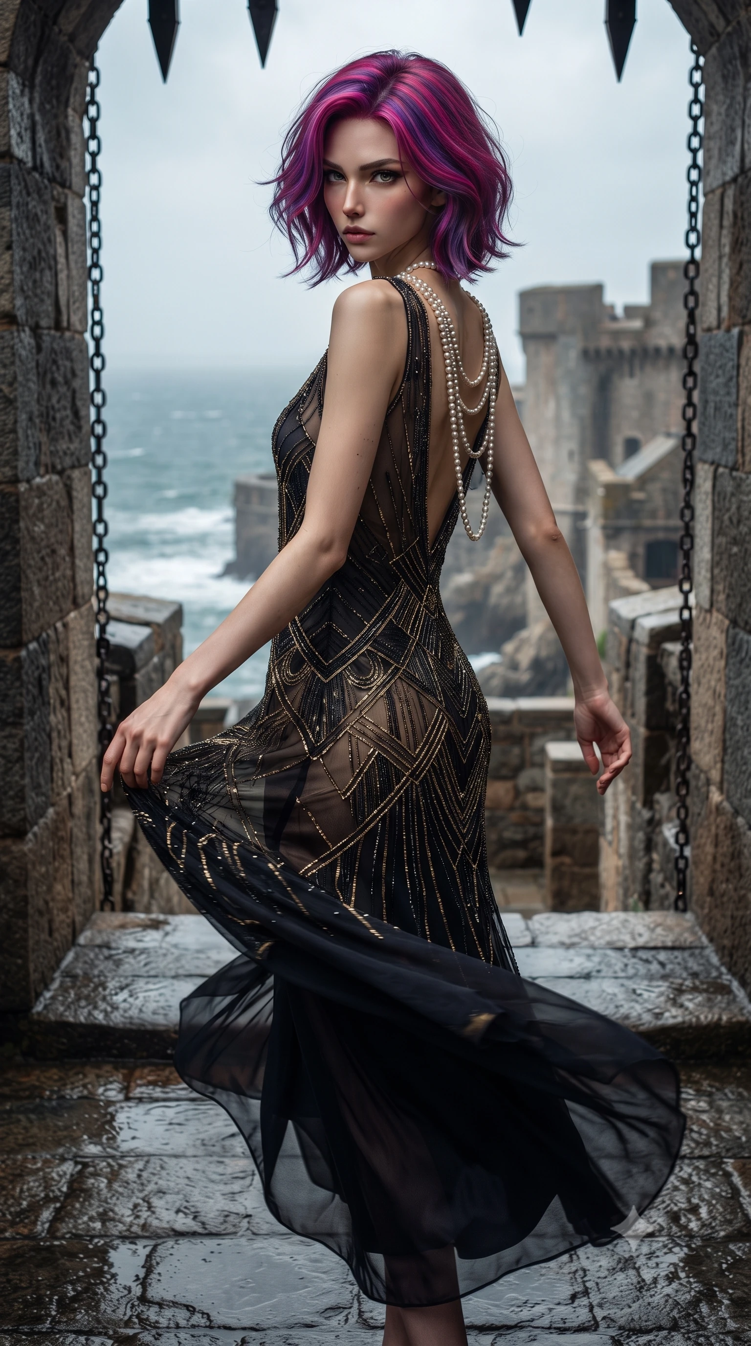 score_9, masterpiece, best quality, ultra-detailed, high-budget anime keyframe, editorial fashion photography, tasteful artistic composition, Caucasian woman. low angle full-body shot from head to toe showing her feet, filling the entire 9:16 vertical frame with her statuesque presence, stretching her vertical silhouette. executing an elegant mid-motion pivot turn as garments swirl around her slender limbs, glancing over her shoulder with an intoxicating bedroom-gaze while pivoting dynamically on the wet stone battlements, her statuesque vertical presence commanding the ancient sea fortress panorama. The surrounding environment is rendered in vivid detail and crisp panoramic clarity. sharp damp granite masonry joints, iron portcullis chains, and wet stone textures in deep focus. She has an exceptionally tall and slender model-like 8.5-heads proportion, an ultra-slim waist, a flat toned midriff, narrow delicate ribcage, and beautifully sculpted feminine hips creating a graceful, slim hourglass silhouette without any bulky heaviness, with impossibly long slender legs. sharp v-shaped jawline, high-bridge nose, intricate jewel-like eyes with depth, thick eyelashes, glossy parted lips with a natural sheen, intensely captivating and seductive bedroom-eyes expression, flawlessly proportioned anatomical accuracy, strict slender model proportions, natural body alignment, perfectly sculpted long slender limbs, ultra-slim waistline, clean dynamic posture without body distortion. wearing a sheer vintage mesh flapper dress adorned with intricate geometric beadwork over an opaque silk slip in midnight obsidian black and liquid gold, tailored from liquid silk jersey adhering flawlessly to her slender build, accented with a multi-strand pearl back necklace cascading down her bare spine to her hips, the glove-like aerodynamic silhouette tightly following the natural contour of her hips and long slender legs with statuesque 8.5-heads elegance. illuminated by crisp directional edge highlights sculpting her bare collarbones, slender waist, and curvy hips. ultra-reflective glossy finish, specular highlights, rich textural contrasts, high-contrast stereoscopic depth, volumetric dynamic lighting, 2k, ultra detail, master piece, 9:16 ratio