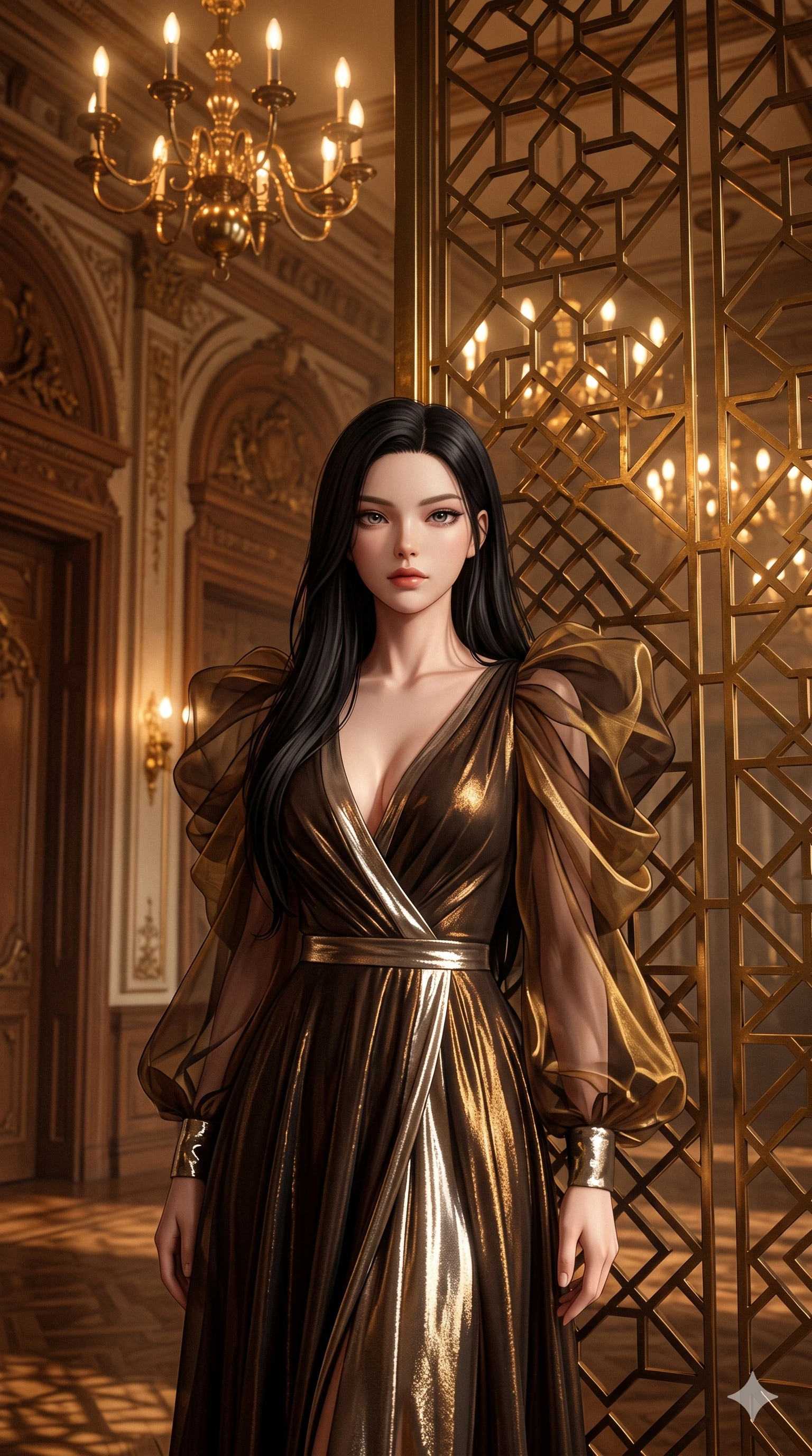 score_9, masterpiece, best quality, ultra-detailed, high-budget anime keyframe, semi-realistic 3D game render, editorial fashion photography, tasteful artistic composition, Korean woman. close-up cowboy shot from the waist and thighs up, the character dominates the composition, filling the frame with her large presence. leaning forward while arching her lower back to accentuate her curvy hips, looking into the camera with an intoxicating smoldering gaze and bedroom-eyes while standing in a tall, confident posture beside a towering geometric brass screen, stretching her statuesque body as she arches her lower back to emphasize her sculpted feminine hips and slender waist. The surrounding environment is rendered in vivid detail and crisp panoramic clarity: detailed high-Mandarin wrap dress tailoring, metallic lamé fabric sheen, and historic grand touring salon architecture in razor-sharp precision. She has an exceptionally elegant, slender, and willowy female figure with an ultra-slim waist, flat toned midriff, narrow ribcage, and sculpted feminine hips creating an alluring, slim hourglass silhouette without bulk. sharp v-shaped jawline, high-bridge nose, intricate jewel-like sparkling eyes with depth, thick eyelashes, glossy parted lips with a natural sheen, intensely captivating and seductive bedroom-eyes expression, exuding both youthful cute charm and sovereign luxury allure, flawlessly proportioned anatomical accuracy, strict slender model proportions, natural body alignment, perfectly sculpted long slender limbs, ultra-slim waistline, clean dynamic posture without body distortion. wearing a plunge-front sheer illusion tulle slip dress with liquid platinum ribbon stripes hugging her curves in dark espresso brown and molten gold foil, crafted from translucent silk organza with an ethereal crystalline sheen, finished with an ultra-high side slit secured by miniature jeweled clasps, the high-slit wrap tailoring accentuating her ultra-slim waistline and the enchanting curve of her feminine hips with alluring seductive charm. bathed in the majestic, warm 2600K amber glow of geometric brass chandeliers filtering through filigree screens creating dramatic shadow lattices. highly saturated vibrant anime colors, detailed shading with soft gradients, rich glossy textures, high-contrast stereoscopic depth, volumetric dynamic lighting, master piece, 9:16 ratio