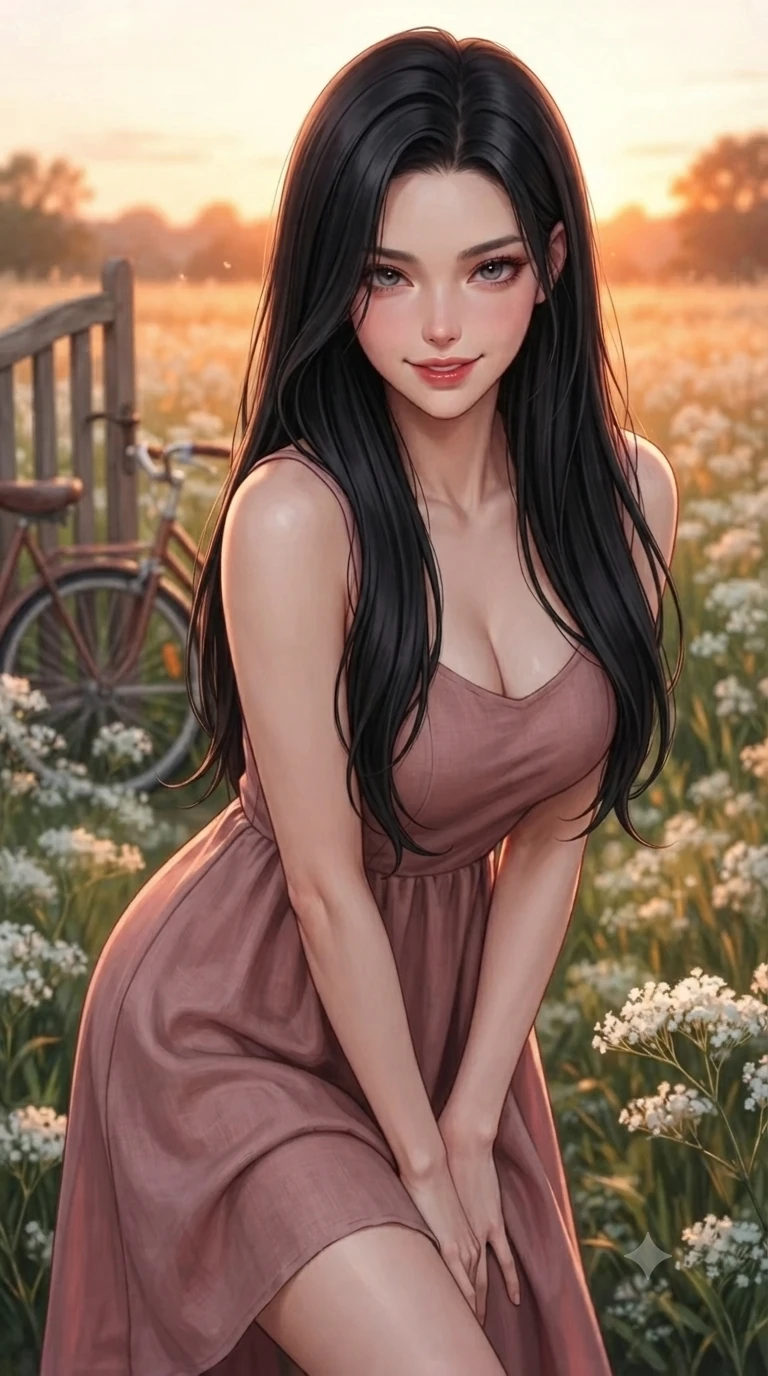 score_9, masterpiece, best quality, ultra-detailed, high-budget anime keyframe, editorial fashion photography, tasteful artistic composition, Korean woman. close-up cowboy shot from the waist and thighs up, the character dominates the composition, filling the frame with her large presence, background elements kept in soft focus. leaning slightly forward with a playful, sultry smile that holds direct, intense eye contact set against a soft-focus background of on a scenic meadow filled with white baby's breath flowers near a forest with a wooden garden gate and a vintage bicycle in the background. She has an exceptionally elegant, slender, and willowy female figure with an ultra-slim waist, a gracefully sculpted slender torso, and a refined silhouette. sharp v-shaped jawline, high-bridge nose, intricate jewel-like eyes with depth, thick eyelashes, glossy lips with a natural sheen. wearing slim-fit flowy linen sundress in dusty rose, draped softly and comfortably. golden hour sunset light casting a warm, romantic orange glow over the field. highly saturated vibrant anime colors, detailed shading with soft gradients, rich glossy textures, high-contrast stereoscopic depth, volumetric dynamic lighting, master piece, 9:16 ratio
