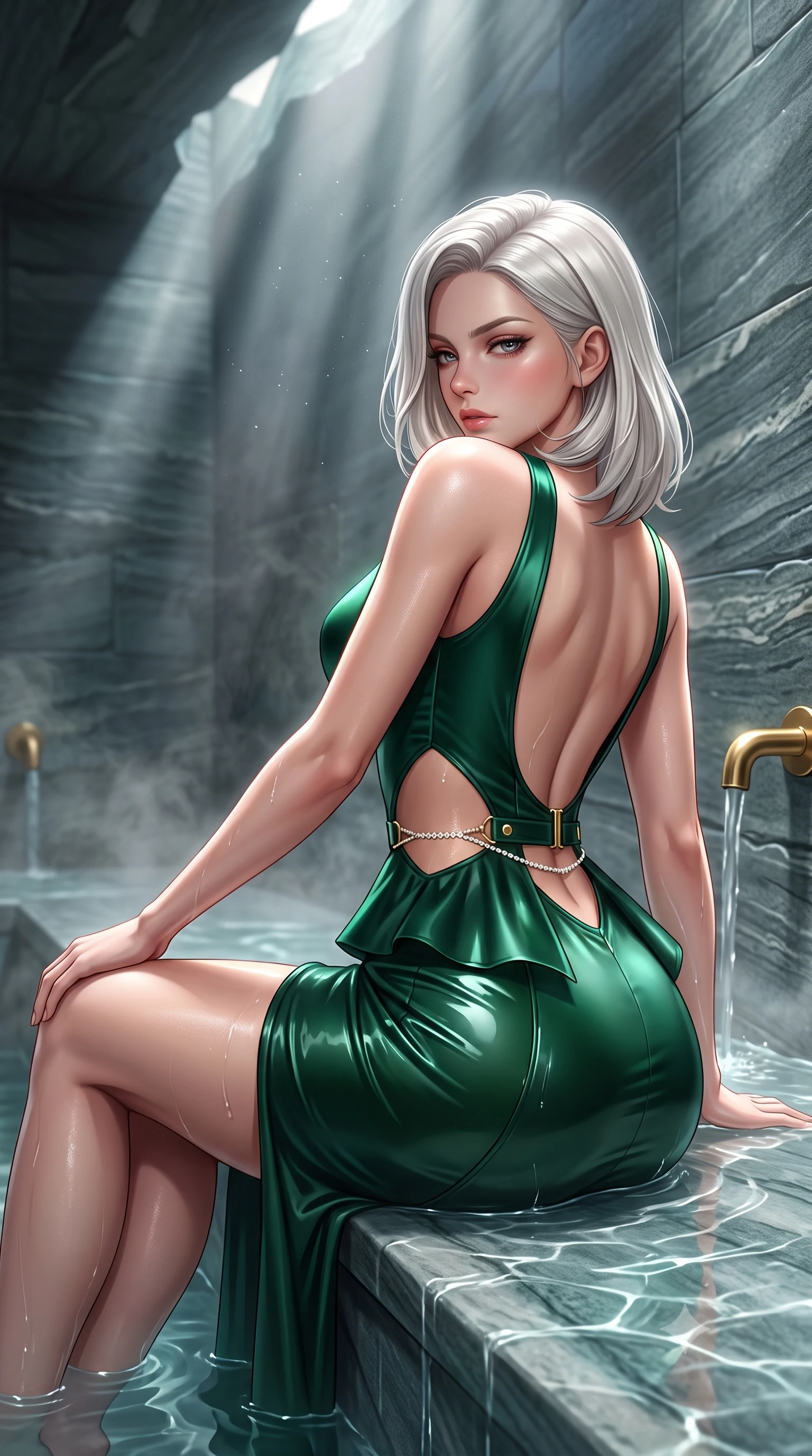 score_9, masterpiece, best quality, ultra-detailed, high-budget anime keyframe, semi-realistic 3D game render, editorial fashion photography, tasteful artistic composition, Caucasian woman. close-up cowboy shot from the waist and thighs up, the character dominates the composition, filling the frame with her large presence. twisting her slender torso in a deep contrapposto stance, hips dramatically shifted to accentuate her feminine curves while looking past her shoulder with smoldering bedroom-eyes while reclining on a submerged stone bench with mineral water tracing the sensual contour of her feminine hips, flat midriff, and long slender legs. The surrounding environment is rendered in vivid detail and crisp panoramic clarity. sharp layered Vals quartzite stone strata, water surface tension caustics, and brass thermal water spouts in deep focus. She has an exceptionally elegant, slender, and willowy female figure with an ultra-slim waist, flat toned midriff, narrow ribcage, and sculpted feminine hips creating an alluring, slim hourglass silhouette without bulk. sharp v-shaped jawline, high-bridge nose, intricate jewel-like eyes with depth, thick eyelashes, glossy parted lips with a natural sheen, intensely captivating and seductive bedroom-eyes expression, flawlessly proportioned anatomical accuracy, strict slender model proportions, natural body alignment, perfectly sculpted long slender limbs, ultra-slim waistline, clean dynamic posture without body distortion. wearing a modern peplum corset dress with side-waist diamond cutouts and an ultra-tight silhouette in deep emerald green satin and gold hardware, tailored from second-skin aerodynamic stretch vinyl with specular wet sheen, accented with a dainty diamond waist chain catching the ambient light reflections, the dramatically scooped open back descending to the base of her spine, accentuating her razor-sharp statuesque lines and slim hourglass silhouette. bathed in dramatic narrow directional light beams cutting through ceiling fissures into the steaming stone chamber. highly saturated vibrant anime colors, detailed shading with soft gradients, rich glossy textures, high-contrast stereoscopic depth, volumetric dynamic lighting, master piece, 9:16 ratio