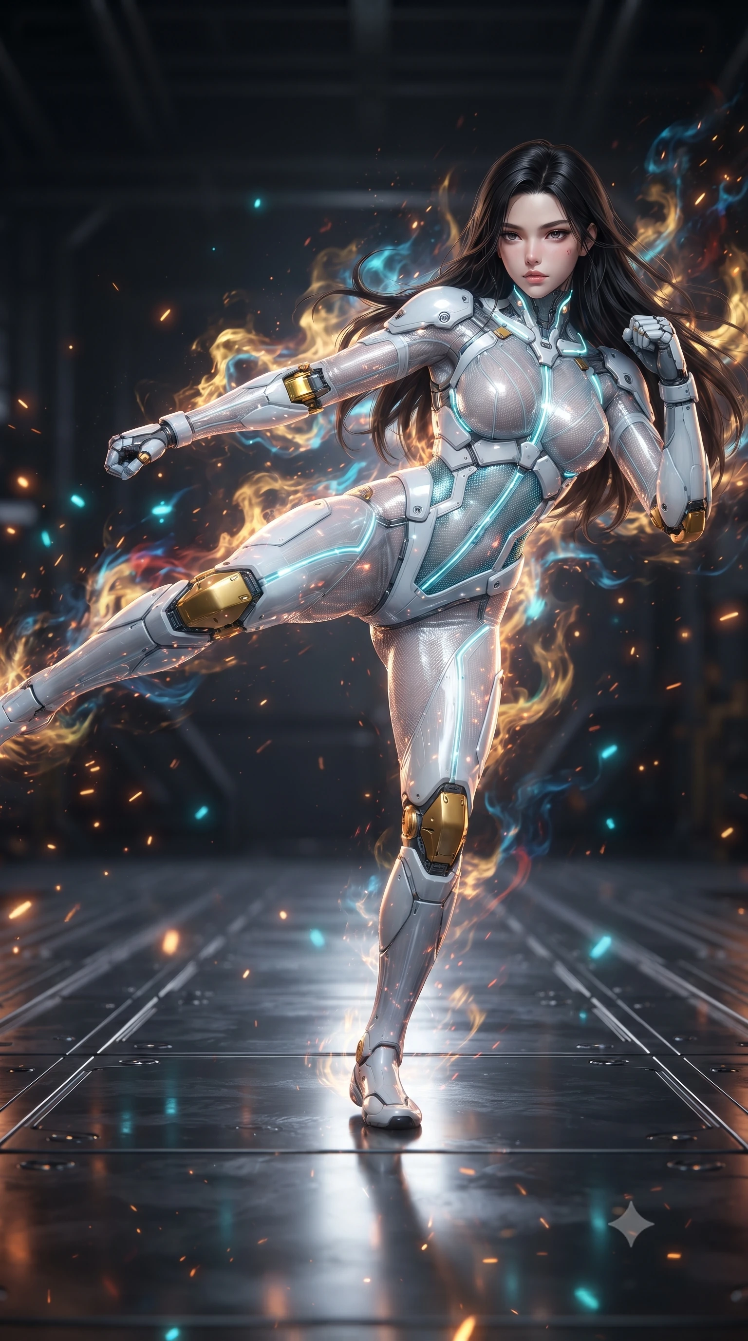 score_9, masterpiece, best quality, ultra-detailed, high-budget anime keyframe, editorial fashion photography, tasteful artistic composition, Korean woman. low angle full-body shot from head to toe showing her feet, filling the entire 9:16 vertical frame with her statuesque presence, stretching her vertical silhouette. pivoting dynamically in a high-speed low sweep kick along the reflective floor, her athletic torso and ultra-slim waist twisting in a fluid arc of power while striding commanding across the narrow catwalk with arms held in loose, deadly martial readiness. The composition keeps background elements in soft focus with creamy bokeh. blazing thermal air ripples and sparks scattering glowing light motes across a dark industrial backdrop. She has an absolutely perfect, statuesque 8.5-heads proportion, an exceptionally tall and slender model-like female figure with impossibly long slender legs, a toned flat midriff, and an ultra-slim waist. sharp v-shaped jawline, high-bridge nose, intricate jewel-like eyes with depth, thick eyelashes, glossy lips with a natural sheen, flawlessly proportioned anatomical accuracy, strict slender model proportions, natural body alignment, perfectly sculpted long slender limbs, ultra-slim waistline, clean dynamic posture without body distortion. wearing a form-contouring arctic white carbon-composite martial arts leotard with solar gold articulation joints and diagonal midriff vents in glacial ice-cyan carbon mesh with pure white armor plates, crafted from semi-translucent cybernetic carbon-vinyl interwoven with glowing micro-filaments, accented with glowing fiber-optic conduits tracing her collarbones and hip curves, the liquid-tight tailored fabric emphasizing every curve of her tall, slender model proportions and sculptured silhouette during dynamic movement. surrounded by an elemental, fierce, and irresistibly powerful cyber-valkyrie of flame aura. ultra-reflective glossy finish, specular highlights, dark metallic sheen, high-contrast stereoscopic depth, volumetric dynamic lighting, 2k, ultra detail, master piece, 9:16 ratio