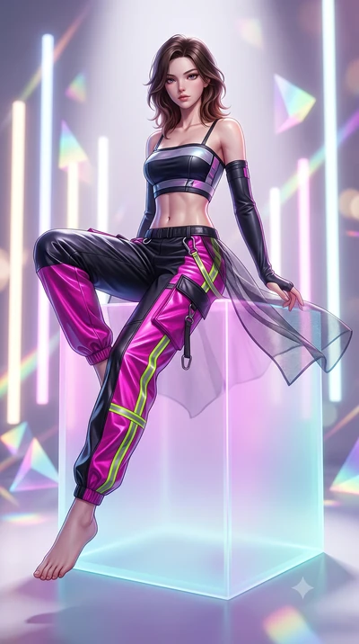 score_9, masterpiece, best quality, ultra-detailed, high-budget anime keyframe, semi-realistic 3D game render, editorial fashion photography, tasteful artistic composition, Korean woman. low angle full-body shot from head to toe showing her feet, fil
