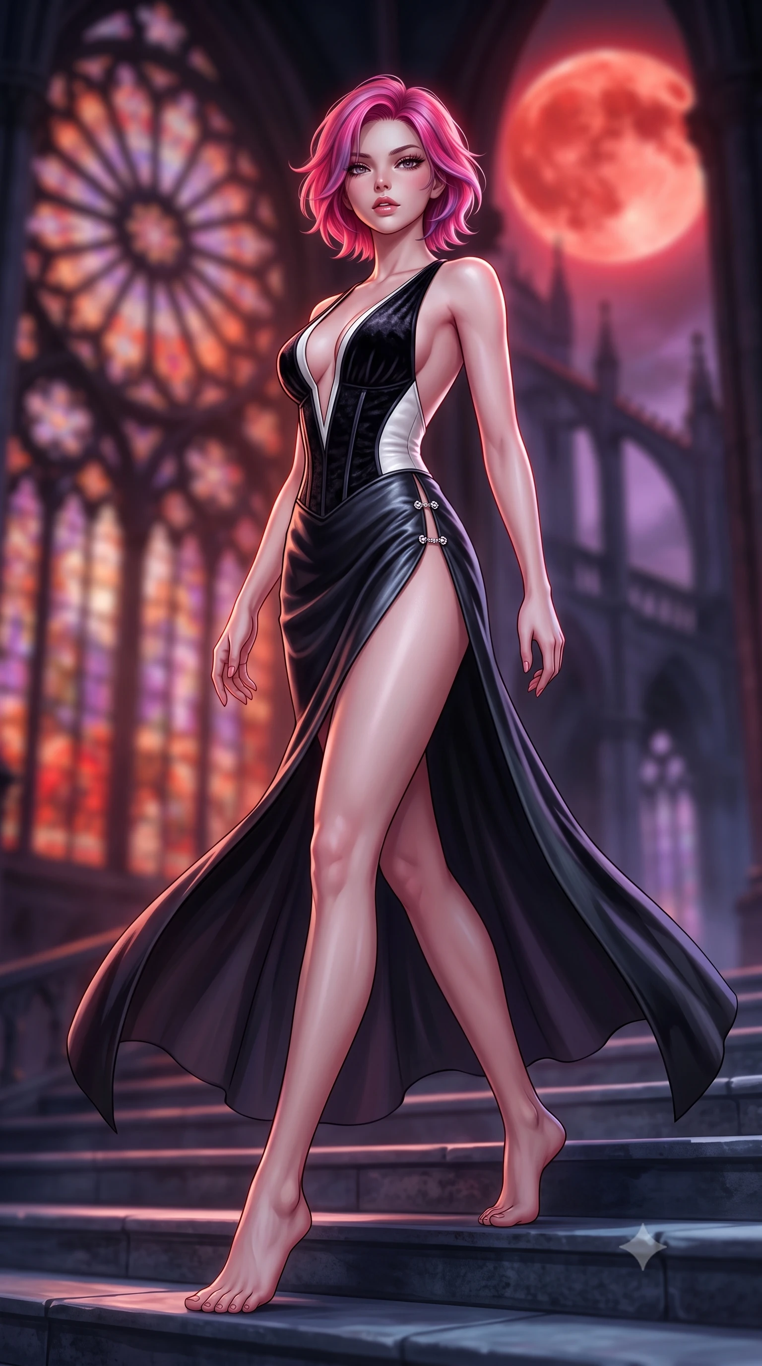 score_9, masterpiece, best quality, ultra-detailed, high-budget anime keyframe, semi-realistic 3D game render, editorial fashion photography, tasteful artistic composition, Caucasian woman. low angle full-body shot from head to toe showing her feet, filling the entire 9:16 vertical frame with her statuesque presence, stretching her vertical silhouette. pivoting dynamically with supreme athletic balance, her impossibly long slender legs and ultra-slim waist creating a mesmerizing vertical line while descending the cold cathedral steps with fluid supermodel momentum, the night wind fluttering her dark drapery. The composition keeps background elements in soft focus with creamy bokeh. colossal gothic rose windows and distant flying buttresses blurred into blood-orange, violet, and obsidian bokeh. She has an absolutely perfect, statuesque 8.5-heads proportion, an exceptionally tall and slender model-like female figure with impossibly long slender legs, a toned flat midriff, and an ultra-slim waist. sharp v-shaped jawline, high-bridge nose, intricate jewel-like eyes with depth, thick eyelashes, glossy parted lips with a natural sheen, intensely captivating and seductive expression, flawlessly proportioned anatomical accuracy, strict slender model proportions, natural body alignment, perfectly sculpted long slender limbs, ultra-slim waistline, clean dynamic posture without body distortion. wearing a plunging-V neckline crushed velvet corseted evening gown with an open scooped back and high-cut thigh slit in high-contrast black velvet and pearl white, crafted from supple second-skin lambskin leather with specular sheen, finished with an ultra-high side slit secured by miniature jeweled clasps, the liquid-tight tailored fabric emphasizing every curve of her tall, slender model proportions and sculptured silhouette during dynamic movement. bathed in surreal blood-red lunar eclipse backlighting and cool silver ambient fill. highly saturated vibrant anime colors, detailed shading with soft gradients, rich glossy textures, high-contrast stereoscopic depth, volumetric dynamic lighting, master piece, 9:16 ratio