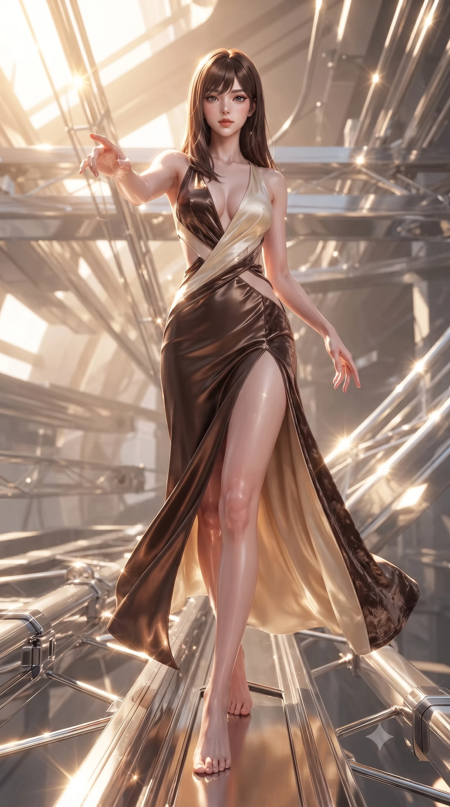 score_9, masterpiece, best quality, ultra-detailed, high-budget anime keyframe, editorial fashion photography, tasteful artistic composition, Korean woman. low angle full-body shot from head to toe showing her feet, filling the entire 9:16 vertical frame with her statuesque presence, stretching her vertical silhouette. stepping forward in a proud dynamic stride, her vertical silhouette filling the frame with statuesque presence while reaching one arm gracefully toward the camera while balancing on a floating platinum beam, platinum wire lattices reflecting intense warm sunlight with brilliant metallic luster. She has an absolutely perfect, statuesque 8.5-heads proportion, an exceptionally tall and slender model-like female figure with impossibly long slender legs and an ultra-slim waist. sharp v-shaped jawline, high-bridge nose, intricate jewel-like eyes with depth, thick eyelashes, glossy lips with a natural sheen, flawlessly proportioned anatomical accuracy, natural body alignment, perfectly sculpted elegant limbs, clean dynamic posture without body distortion. wearing a backless crushed velvet gown with a deep V-neckline and high thigh slit in espresso brown and warm cream, crafted from lustrous satin jersey with fluid draping, featuring subtle geometric cutouts that highlight her ultra-slim midriff, the sleek second-skin texture accentuating her magnetic presence. surrounded by a brilliant solar aura with high-contrast metallic specular shine. ultra-reflective glossy finish, specular highlights, metallic sheen, high-contrast stereoscopic depth, volumetric dynamic lighting, 2k, ultra detail, master piece, 9:16 ratio