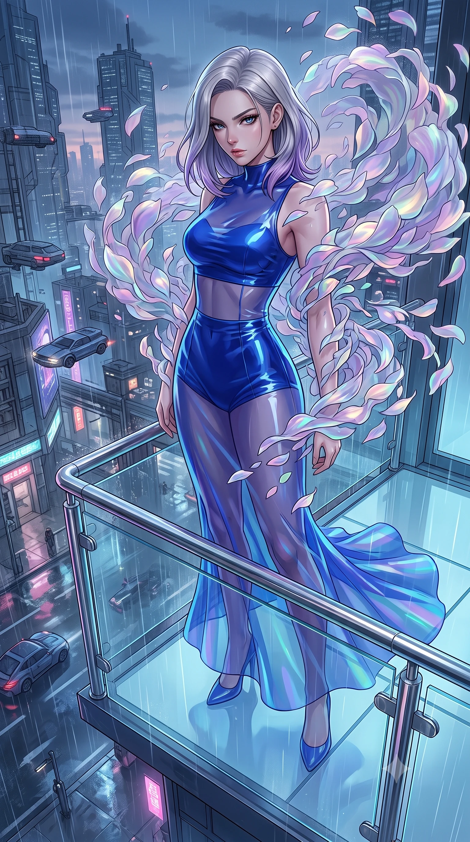 score_9, masterpiece, best quality, ultra-detailed, High-budget Anime Keyframe, Caucasian woman, strictly human ears. Low angle cowboy shot filling the entire 9:16 frame with her statuesque presence. Scenario 423: dissolving into a cloud of iridescent silk petals inside a minimalist glass balcony overlooking a rainy cyberpunk megacity. Her presence is magnetic and overpowering in this high-budget anime scene. Outfit 423: a form-contouring cobalt blue translucent PVC gown worn over an opaque crop top and high-waisted shorts. The clothing is designed to emphasize her exceptionally tall and slender 8-heads proportion. 8-heads proportion, towering silhouette, ultra-slim waist. sharp v-shaped jawline, intricate jewel-like eyes with depth, thick eyelashes, glossy lips. 2k, ultra detail, master piece, 9:16 ratio