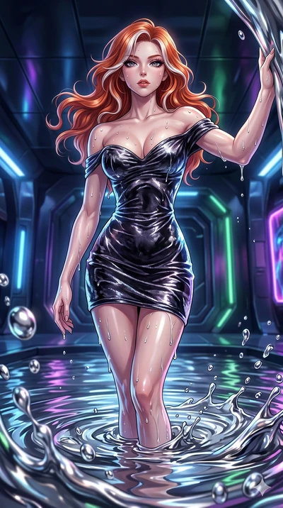 score_9, masterpiece, best quality, ultra-detailed, High-budget Anime Keyframe, East Asian woman. Dynamic full-body shot stretching the vertical silhouette to the limit. Scenario 284: Rising from a pool of mercury-like liquid, droplets rolling off he