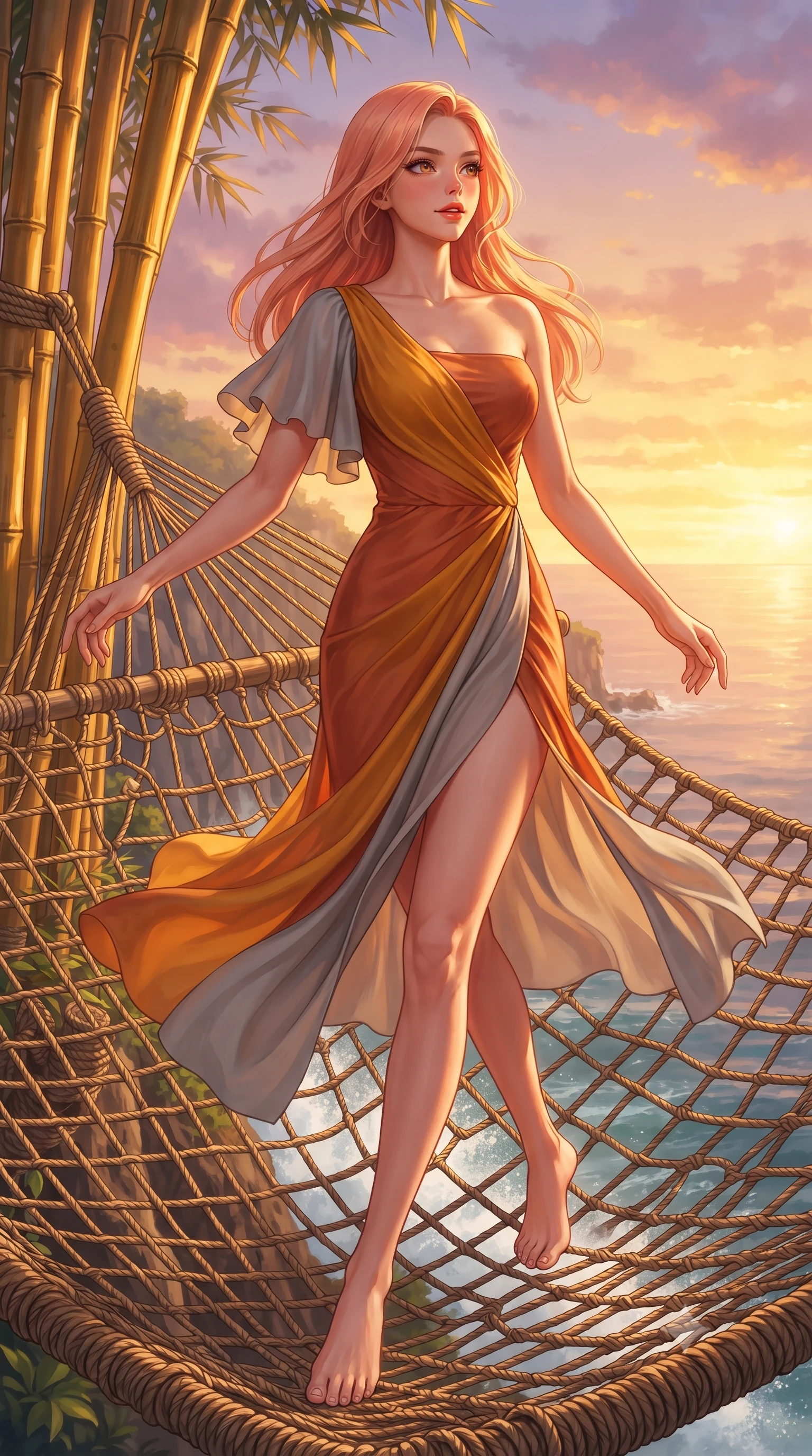 score_9, masterpiece, best quality, ultra-detailed, high-budget anime keyframe, editorial fashion photography, tasteful artistic composition, Japanese woman. low angle full-body shot from head to toe showing her feet, filling the entire 9:16 vertical frame with her statuesque presence, stretching her vertical silhouette. executing a cheerful mid-motion pivot turn as her resort dress flutters around her slender legs, glancing over her shoulder with an intoxicating, teasing bedroom-gaze while reclining languidly on an oversized net suspended over the cliff edge, her long slender limbs and toned flat midriff glowing in the tropical sunset. The surrounding environment is rendered in vivid detail and crisp panoramic clarity. sharp golden bamboo stalk textures, woven rattan rope bindings, and ocean spray mist clarity in deep focus. She has an exceptionally tall and slender model-like 8.5-heads proportion, an ultra-slim waist, a flat toned midriff, narrow delicate ribcage, and beautifully sculpted feminine hips creating a graceful, slim hourglass silhouette without any bulky heaviness, with impossibly long slender legs. sharp v-shaped jawline, high-bridge nose, sparkling amber-hazel eyes with depth, long lush eyelashes, glossy sun-kissed lips with a warm coral glaze, radiant teasing smile with sensual sunlit bedroom-eyes, exuding effortless old-money elegance and intoxicating sun-drenched allure, flawlessly proportioned anatomical accuracy, strict slender model proportions, natural body alignment, perfectly sculpted long slender limbs, ultra-slim waistline, clean dynamic posture without body distortion. wearing an asymmetrical one-shoulder terracotta silk slip dress featuring a high side hip slit and fluid drape in rich saffron amber and soft dove grey, tailored from airy semi-sheer chiffon that flutters gently in the evening breeze, featuring elegant flutter sleeves and a graceful square neckline, the form-fitting cut adhering flawlessly to her sculpted flat midriff and slender torso, emphasizing her long leg lines and perfectly proportioned willowy build. bathed in dramatic tropical ocean sunset rays of warm gold and magenta. ultra-reflective glossy finish, specular highlights, rich textural contrasts, high-contrast stereoscopic depth, volumetric dynamic lighting, 2k, ultra detail, master piece, 9:16 ratio