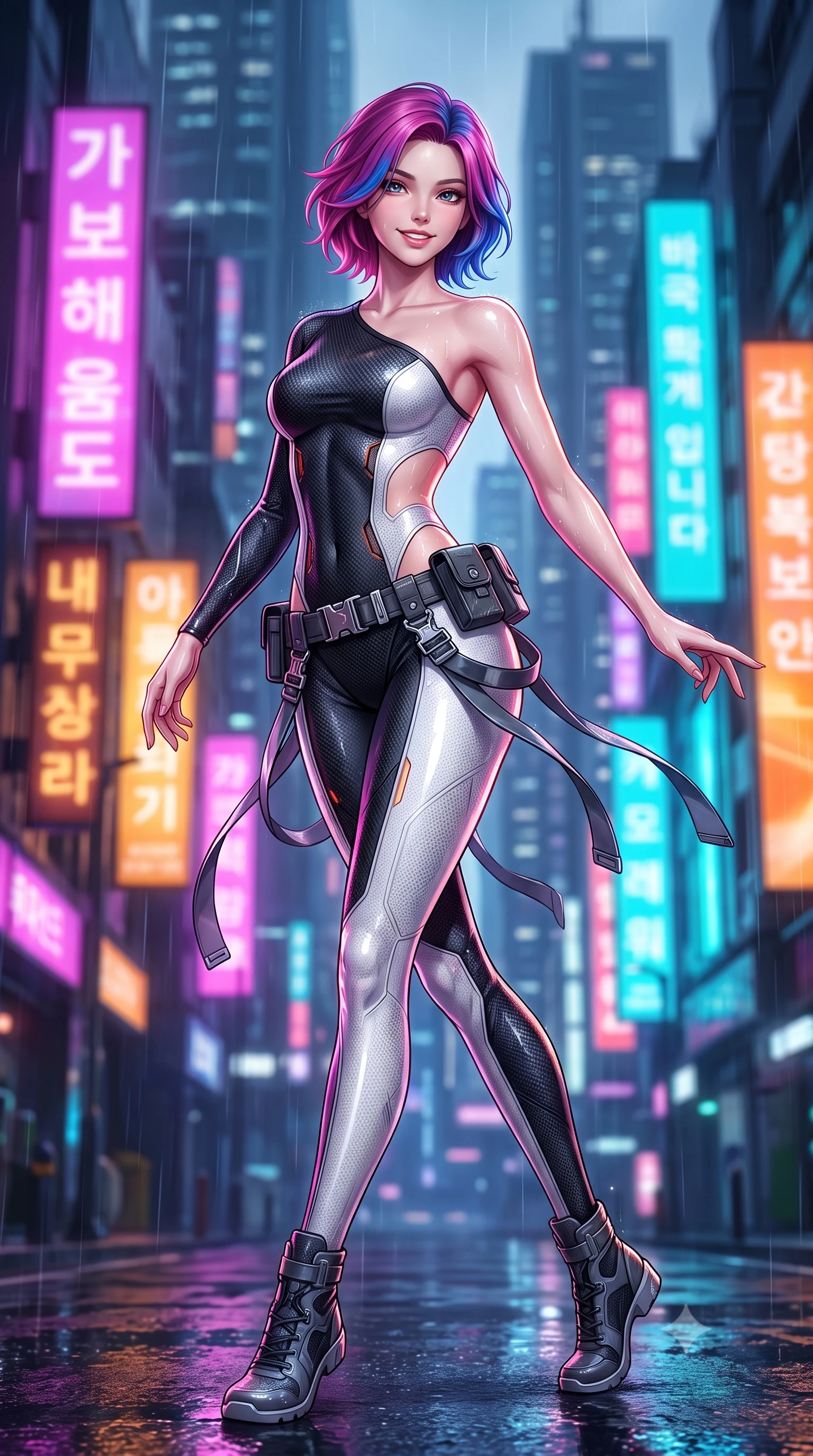 score_9, masterpiece, best quality, ultra-detailed, high-budget anime keyframe, semi-realistic 3D game render, editorial fashion photography, tasteful artistic composition, Caucasian woman. low angle full-body shot from head to toe showing her feet, filling the entire 9:16 vertical frame with her statuesque presence, stretching her vertical silhouette. executing a cheerful mid-motion pivot turn as her tactical belt and ribbons flutter around her slender legs, glancing over her shoulder with an intoxicating, teasing bedroom-gaze while twisting her slender torso in an alluring S-curve as warm cyber-city rain glistens on her tight suit, highlighting her curvy hips and waist. The background shows a soft-focus towering futuristic Neo-Seoul mega-skyscrapers with vertical Korean holographic billboards blurred into magenta, amber, and laser turquoise bokeh. She has an absolutely perfect, statuesque 8.5-heads proportion, an exceptionally tall and slender model-like female figure with impossibly long slender legs, an ultra-slim waist, a flat toned midriff, narrow delicate ribcage, and beautifully sculpted feminine hips creating a graceful, slim hourglass silhouette without any bulky heaviness. sharp v-shaped jawline, high-bridge nose, intricate jewel-like sparkling eyes with depth, thick eyelashes, glossy parted lips with a natural sheen, bright confident smile with an enchanting and coquettish sensual glint, exuding both youthful magnetic charm and sovereign high-tech allure, flawlessly proportioned anatomical accuracy, strict slender model proportions, natural body alignment, perfectly sculpted long slender limbs, ultra-slim waistline, clean dynamic posture without body distortion. wearing an asymmetric one-shoulder combat catsuit with carbon-weave paneling and an open-waist architecture emphasizing her hips in dual-tone high-contrast monochrome black and stark white, woven from delicate semi-opaque high-tensile nano-mesh with intricate hexagonal micro-patterns, accented with subtle hexagonal heat-sink vents glowing with dim orange thermal heat, the form-contouring cut accentuating her sculpted flat midriff, narrow delicate ribcage, and gracefully curvy hips with cybernetic supermodel precision. bathed in intense saturated magenta and electric cyan billboard reflections bouncing off wet asphalt. highly saturated vibrant anime colors, detailed shading with soft gradients, rich glossy textures, high-contrast stereoscopic depth, volumetric dynamic lighting, master piece, 9:16 ratio