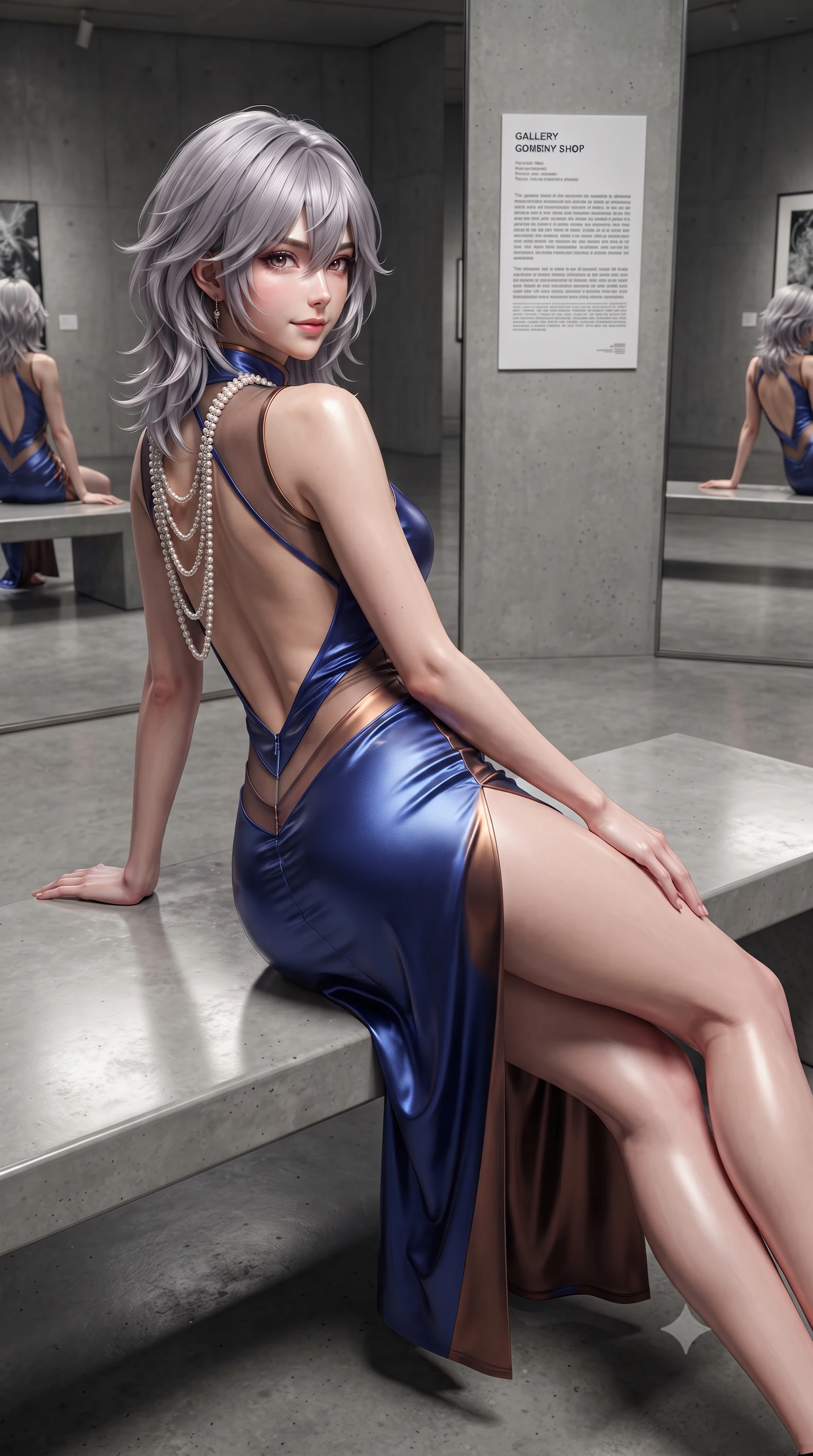 score_9, masterpiece, best quality, ultra-detailed, high-budget anime keyframe, editorial fashion photography, tasteful artistic composition, Japanese woman. close-up cowboy shot from the waist and thighs up, the character dominates the composition, filling the frame with her large presence. turning over a bare shoulder with an intoxicating, teasing smile, her soft hair framing her sharp jawline as her hips angle gracefully while reclining on a sleek polished concrete bench propped on one hand, long legs extended to accentuate her razor-sharp slender hips and flat midriff. The surrounding environment is rendered in vivid detail and crisp panoramic clarity. detailed tailored dress seam lines, mirror reflection clarity, and gallery placard typography in high resolution. She has an exceptionally elegant, slender, and willowy female figure with an ultra-slim waist, flat toned midriff, narrow ribcage, and sculpted feminine hips creating an alluring, slim hourglass silhouette without bulk. sharp v-shaped jawline, high-bridge nose, intricate jewel-like eyes with depth, thick eyelashes, glossy parted lips with a natural sheen, intensely captivating and seductive bedroom-eyes expression, flawlessly proportioned anatomical accuracy, strict slender model proportions, natural body alignment, perfectly sculpted long slender limbs, ultra-slim waistline, clean dynamic posture without body distortion. wearing a wet-look silk fusion wrap dress with asymmetrical sheer mesh cutouts and high Mandarin collar in royal sapphire blue and liquid bronze, tailored from smooth liquid silk satin adhering seamlessly to her skin, accented with a multi-strand pearl back necklace cascading down her bare spine to her hips, the dramatically scooped open back descending to the base of her spine, accentuating her razor-sharp statuesque lines and slim hourglass silhouette. surrounded by a sophisticated, avant-garde, and dangerously seductive art-world muse aura. ultra-reflective glossy finish, specular highlights, rich textural contrasts, high-contrast stereoscopic depth, volumetric dynamic lighting, 2k, ultra detail, master piece, 9:16 ratio