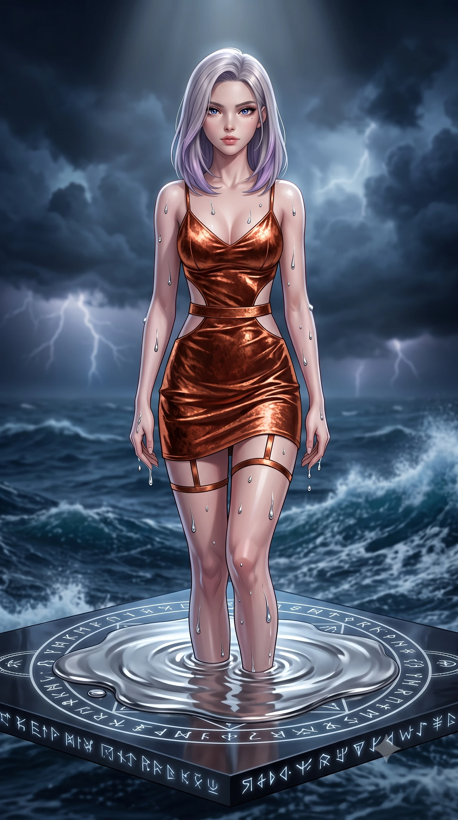 score_9, masterpiece, best quality, ultra-detailed, High-budget Anime Keyframe, Caucasian woman, strictly human ears. Dynamic full-body shot stretching the vertical silhouette to the limit. Scenario 481: rising from a pool of mercury-like liquid, droplets rolling off her skin, in a floating platform suspended over a stormy sea of dark blue water. Her presence is magnetic and overpowering in this high-budget anime scene. Outfit 481: a tailored metallic copper crushed velvet slip dress with strategic waist cut-outs and slender leg straps. The clothing is designed to emphasize her exceptionally tall and slender 8-heads proportion. 8-heads proportion, towering silhouette, ultra-slim waist. sharp v-shaped jawline, intricate jewel-like eyes with depth, thick eyelashes, glossy lips. 2k, ultra detail, master piece, 9:16 ratio