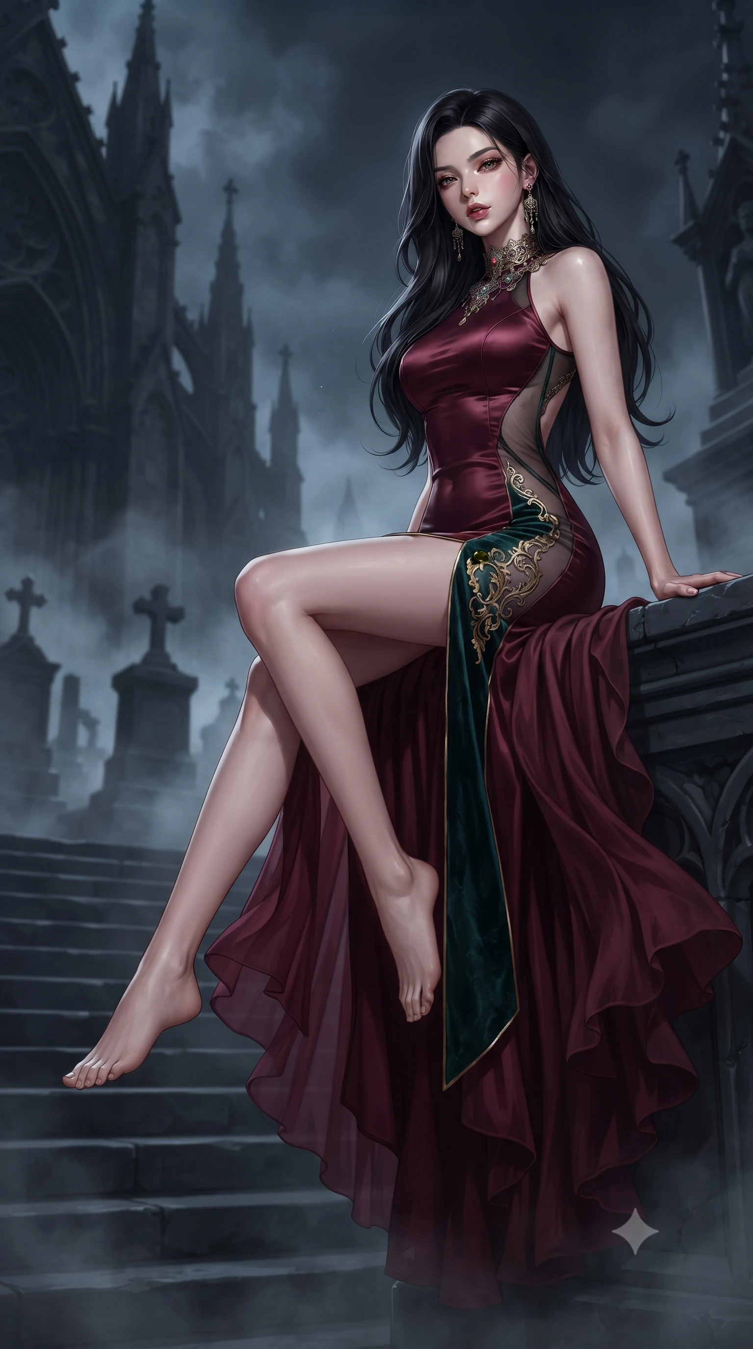 score_9, masterpiece, best quality, ultra-detailed, high-budget anime keyframe, editorial fashion photography, tasteful artistic composition, Korean woman. low angle full-body shot from head to toe showing her feet, filling the entire 9:16 vertical frame with her statuesque presence, stretching her vertical silhouette. sitting poised on the elevated edge with legs crossed and extended, her tall 8.5-heads proportions dominating the scene with effortless poise while descending the cold cathedral steps with fluid supermodel momentum, the night wind fluttering her dark drapery. The composition keeps background elements in soft focus with creamy bokeh. swirling night mist and distant cemetery monuments softened in cinematic shallow focus. She has an absolutely perfect, statuesque 8.5-heads proportion, an exceptionally tall and slender model-like female figure with impossibly long slender legs, a toned flat midriff, and an ultra-slim waist. sharp v-shaped jawline, high-bridge nose, intricate jewel-like eyes with depth, thick eyelashes, glossy parted lips with a natural sheen, intensely captivating and seductive expression, flawlessly proportioned anatomical accuracy, strict slender model proportions, natural body alignment, perfectly sculpted long slender limbs, ultra-slim waistline, clean dynamic posture without body distortion. wearing a high-collar burgundy duchess satin gown with asymmetrical sheer side panels and thigh slit in antique emerald velvet and gold filigree, woven from layered gossamer chiffon with a weightless sweeping drape, finished with a dramatic filigree Victorian choker and chandelier earrings, the glove-like aerodynamic second-skin fit tightly clinging to her ultra-slender waist and feminine curves without adding bulk. illuminated by crisp specular highlights defining her sculpted jawline, bare spine, and long limbs. ultra-reflective glossy finish, specular highlights, rich textural contrasts, high-contrast stereoscopic depth, volumetric dynamic lighting, 2k, ultra detail, master piece, 9:16 ratio
