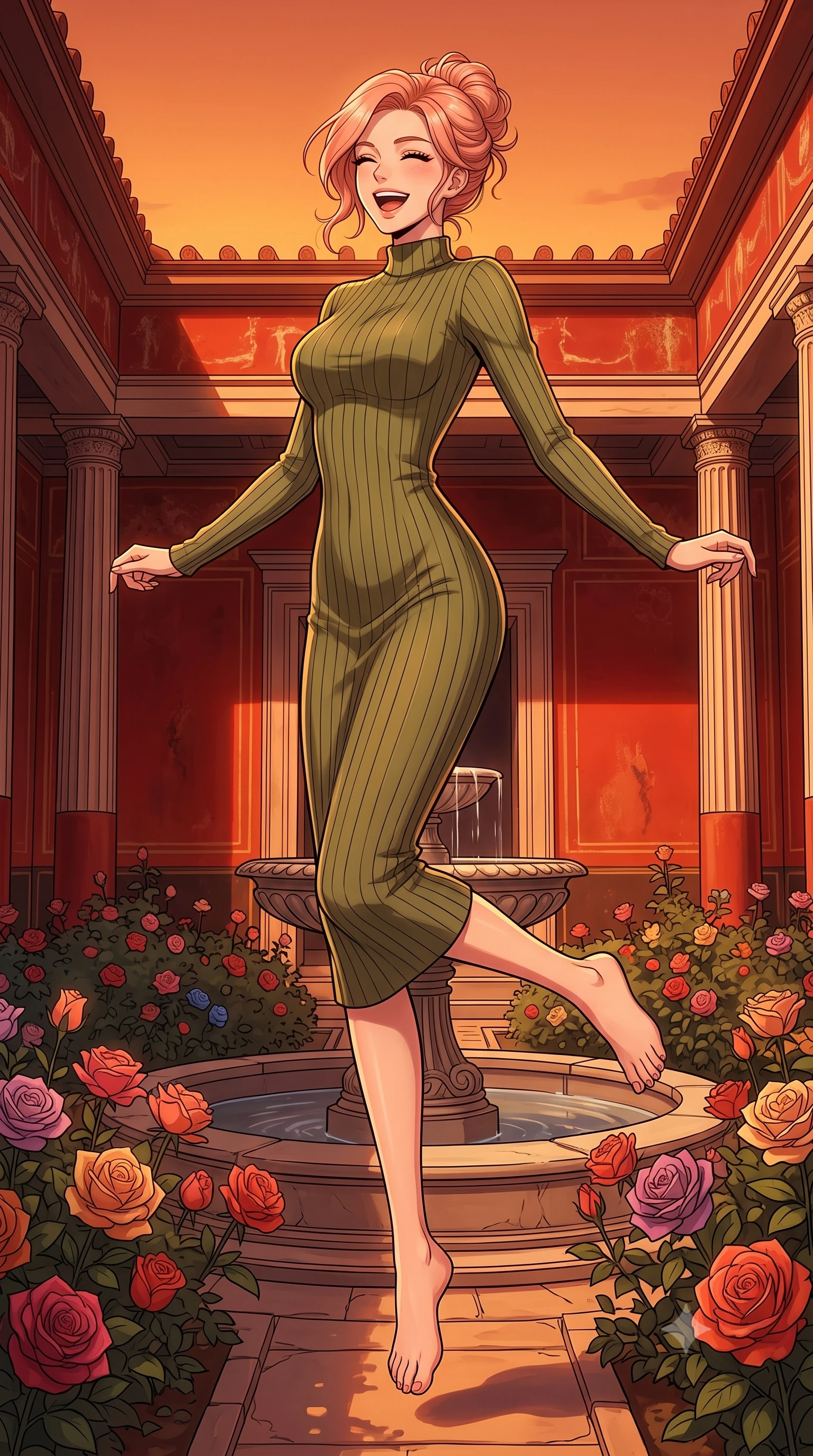 score_9, masterpiece, best quality, ultra-detailed, high-budget anime keyframe, editorial fashion photography, tasteful artistic composition, gorgeous anime illustration, with clean line-art, distinct ink outlines, and high-contrast stereoscopic depth, Japanese woman. low angle full-body shot from head to toe showing her feet, filling the entire 9:16 vertical frame with her statuesque presence, stretching her vertical silhouette. leaping gracefully with a bright, joyful laugh through inside a preserved Roman villa courtyard with red frescoed walls and columns, with rare volcanic ash roses blooming around a stone fountain. She has a statuesque 8.5-heads proportion, an exceptionally tall, slender and willowy model-like build with impossibly long legs and a highly sculpted ultra-slim waist. sharp v-shaped jawline, high-bridge nose, intricate jewel-like eyes with depth, thick eyelashes, glossy lips with a natural sheen. wearing a form-fitting olive green ribbed-knit midi dress with a high collar, contouring her willowy torso and narrow waist. warm low-angle sunset casting a deep orange and amber glow, highlighting the rich red walls and casting long dramatic shadows. 2k, ultra detail, master piece, 9:16 ratio, highly saturated vibrant anime colors, detailed cel-shading with soft gradients, rich glossy textures, deep contrast, volumetric dynamic lighting, 2d animation style