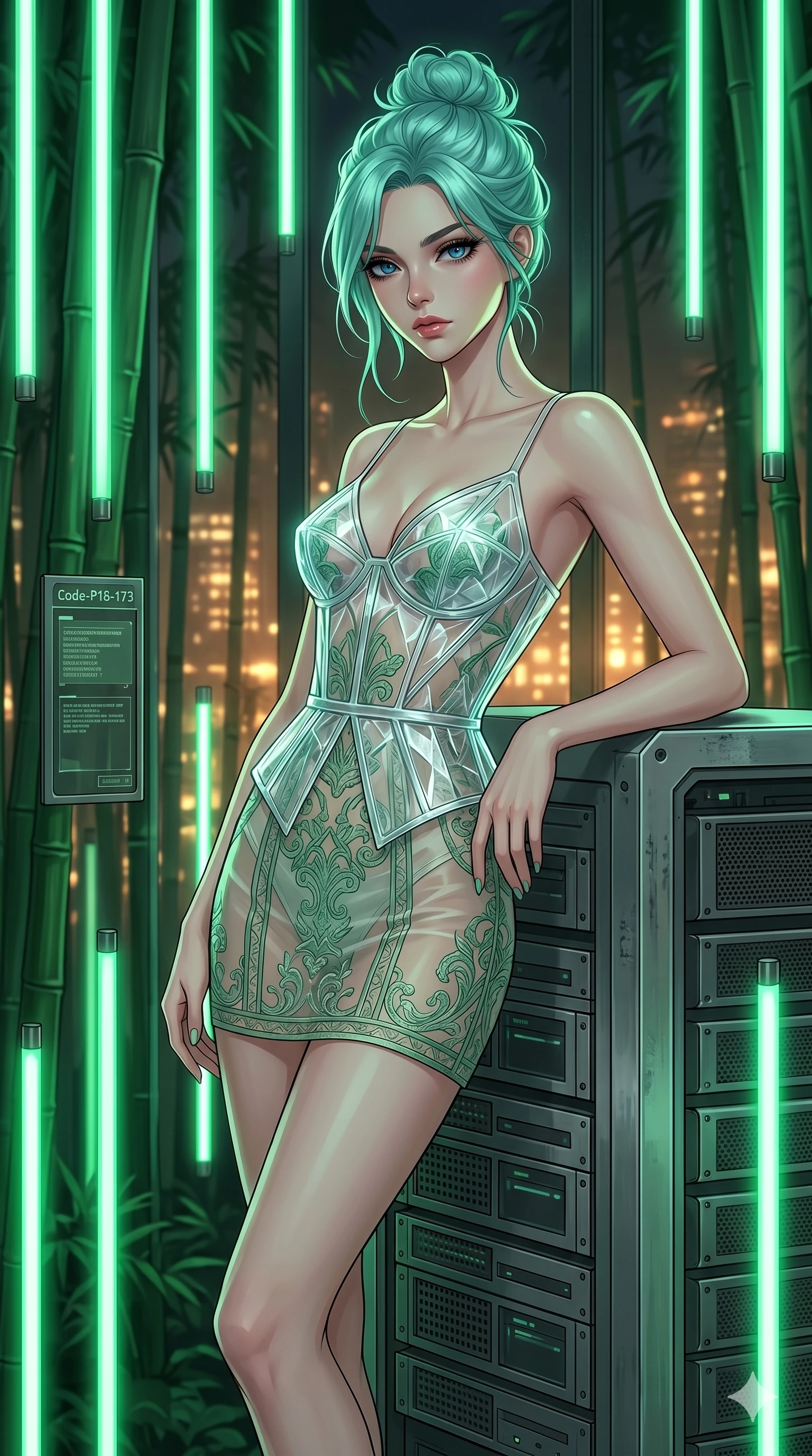 score_9, masterpiece, best quality, ultra-detailed, high-budget anime keyframe, editorial fashion photography, tasteful artistic composition, Japanese woman. cowboy shot from the thighs up, character and outfit filling the frame for maximum editorial presence. leaning against a metal server rack, casting a cool gaze inside a quiet bamboo grove illuminated by glowing green vertical light rods (Code-P18-173). She has an absolutely perfect 8-heads proportion, an exceptionally tall and slender female figure with impossibly long slender legs and an ultra-slim waist. V-shaped jawline, high-bridge nose, intricate jewel-like eyes with depth, thick eyelashes, glossy lips with a natural sheen. wearing a translucent structured bodice over a green patterned embroidery slip dress. warm glowing city lights filtering through the glass, outlining her V-shaped jawline. 2k, ultra detail, master piece, 9:16 ratio