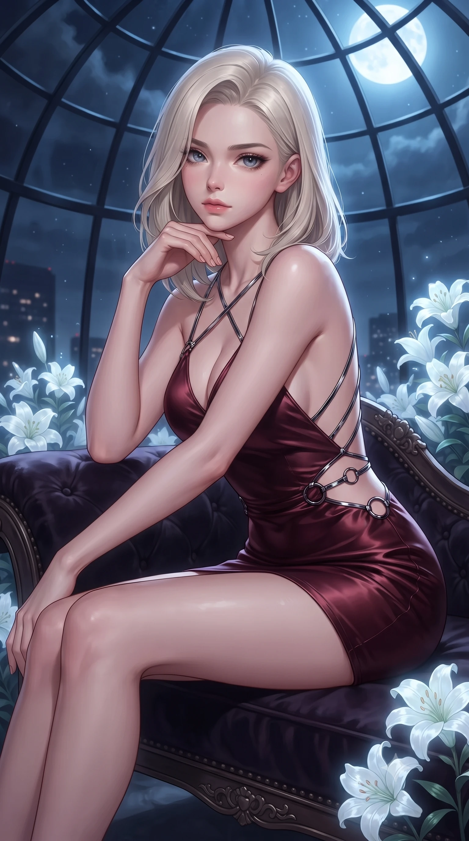 score_9, masterpiece, best quality, ultra-detailed, high-budget anime keyframe, editorial fashion photography, tasteful artistic composition, Caucasian woman. close-up cowboy shot from the waist and thighs up, the character dominates the composition, filling the frame with her large presence, background elements kept in soft focus. Resting her chin on the backs of her fingers with an air of effortless superiority, resting on a dark velvet chaise lounge under a massive glass sky dome at 2 AM, night-blooming white lilies emitting a subtle ghostly white glow. She has an exceptionally elegant, slender, and willowy female figure with an ultra-slim waist, a gracefully sculpted slender torso, and a refined silhouette. sharp v-shaped jawline, high-bridge nose, intricate jewel-like eyes with depth, thick eyelashes, glossy lips with a natural sheen. wearing dramatically scooped backless dark satin mini dress with criss-cross chrome straps in deep crimson burgundy, made of liquid dark mercury jersey, trimmed with dark chrome ring hardware along the waist contours, the fitted fabric emphasizing her ultra-slim waist. illuminated by brilliant cold silver moonlight and deep obsidian shadows. highly saturated vibrant anime colors, detailed shading with soft gradients, rich glossy textures, high-contrast stereoscopic depth, volumetric dynamic lighting, master piece, 9:16 ratio