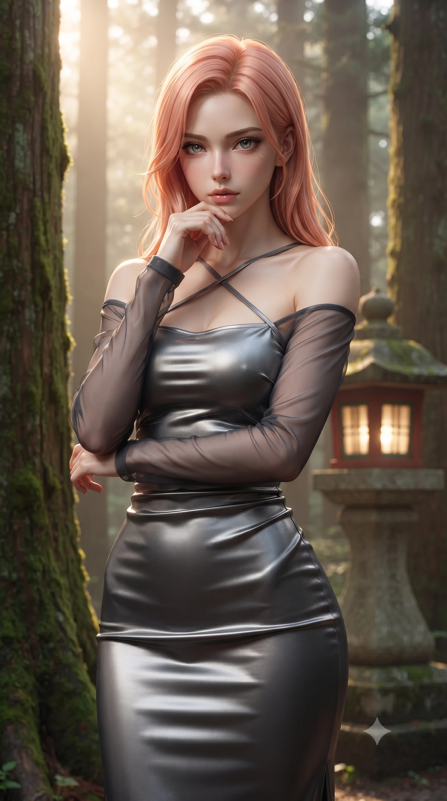 score_9, masterpiece, best quality, ultra-detailed, high-budget anime keyframe, editorial fashion photography, tasteful artistic composition, Japanese woman. close-up cowboy shot from the waist and thighs up, the character dominates the composition, filling the frame with her large presence, background elements kept in soft focus. Resting her chin on the backs of her fingers, casting a sharp, mysterious gaze standing near a sacred stone lantern glowing softly in a cedar grove at dawn, morning fog scattering golden sunlight through towering cedar trees. She has an exceptionally elegant, slender, and willowy female figure with an ultra-slim waist, a gracefully sculpted slender torso, and a refined silhouette. sharp v-shaped jawline, high-bridge nose, intricate jewel-like eyes with depth, thick eyelashes, glossy lips with a natural sheen. wearing a sleek bodycon knit dress with sheer organza sleeve panels in charcoal grey and platinum, crafted from lustrous satin jersey with fluid draping, complemented by criss-cross back straps highlighting her bare shoulders, the elegant draped fit framing her graceful clavicle and slender torso. surrounded by a tranquil, spiritual aura with rich red and green contrast. ultra-reflective glossy finish, specular highlights, metallic sheen, high-contrast stereoscopic depth, volumetric dynamic lighting, 2k, ultra detail, master piece, 9:16 ratio