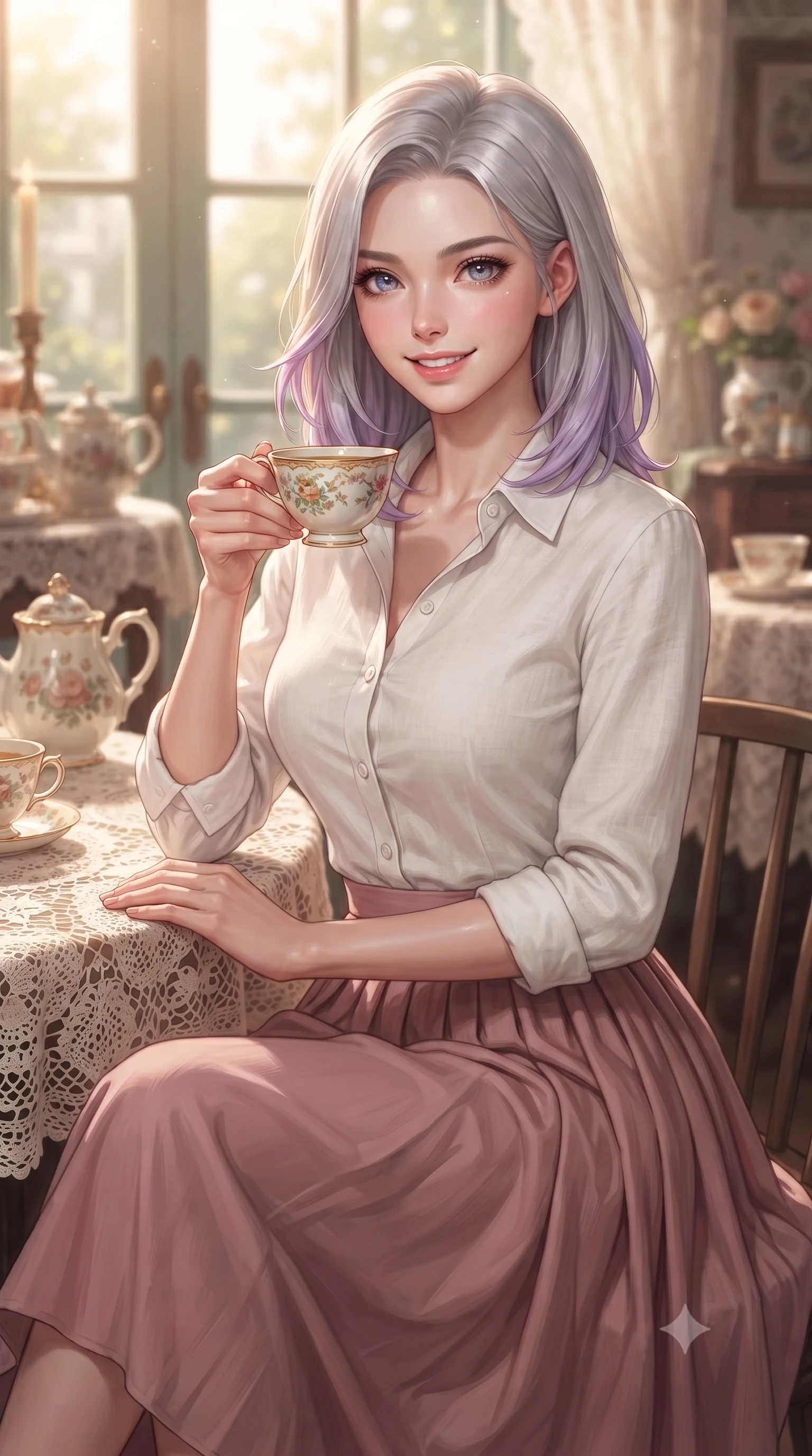 score_9, masterpiece, best quality, ultra-detailed, high-budget anime keyframe, editorial fashion photography, tasteful artistic composition, Caucasian woman. close-up cowboy shot from the waist and thighs up, the character dominates the composition, filling the frame with her large presence, background elements kept in soft focus. smiling with cute and bright self-assurance, looking directly at the viewer set against a soft-focus background of in a charming retro tea room with lace table runners and ceramic teapots holding a delicate ceramic cup of herbal tea with steam rising gently. She has an exceptionally elegant, slender, and willowy female figure with an ultra-slim waist, a gracefully sculpted slender torso, and a refined silhouette. sharp v-shaped jawline, high-bridge nose, intricate jewel-like eyes with depth, thick eyelashes, glossy lips with a natural sheen. wearing body-hugging casual linen button-down shirt in white, paired with a flowy pleated skirt in dusty pink. warm morning sunbeams filtering through the large front glass windows. ultra-reflective glossy finish, specular highlights, metallic sheen, high-contrast stereoscopic depth, volumetric dynamic lighting, 2k, ultra detail, master piece, 9:16 ratio