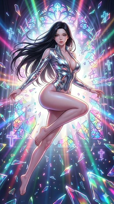 score_9, masterpiece, best quality, ultra-detailed, high-budget anime keyframe, Korean woman. Upper body close-up from the thighs up, character filling the screen for maximum presence. She is leaping through shattered stained glass of a neon-lit futu