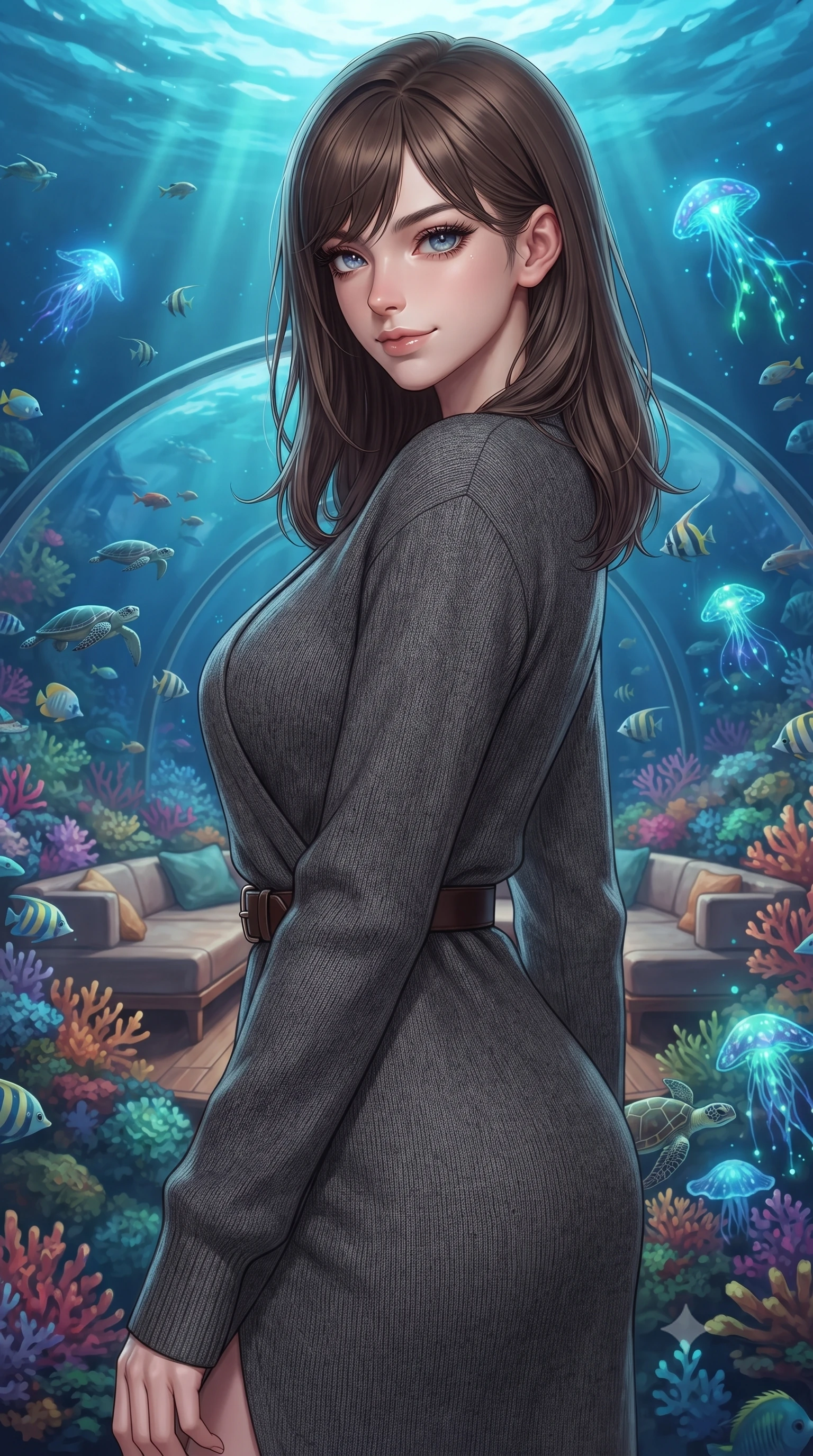 score_9, masterpiece, best quality, ultra-detailed, high-budget anime keyframe, editorial fashion photography, tasteful artistic composition, Korean woman. close-up cowboy shot from the waist and thighs up, the character dominates the composition, filling the frame with her large presence, background elements kept in soft focus. Glancing sidelong over her shoulder with a smoldering half-smile. set against a soft-focus background of inside a transparent dome lounge resting on the ocean floor with colorful coral reef gardens surrounding it tropical fish and sea turtles gliding past the curved glass walls and bioluminescent creatures pulsing in the deep. She has an exceptionally elegant and slender, willowy female figure with an ultra-slim waist, a gracefully sculpted slender torso, and a refined slim physique. sharp v-shaped jawline, high-bridge nose, intricate jewel-like eyes with depth, thick eyelashes, glossy lips with a natural sheen. wearing a charcoal grey wrap-style knit dress in wool, cinched with a dark brown leather belt. filtered blue-green ocean light from above with bioluminescent creatures providing accent glows in blue and green and warm interior lounge lighting creating an intimate contrast. 2k, ultra detail, master piece, 9:16 ratio
