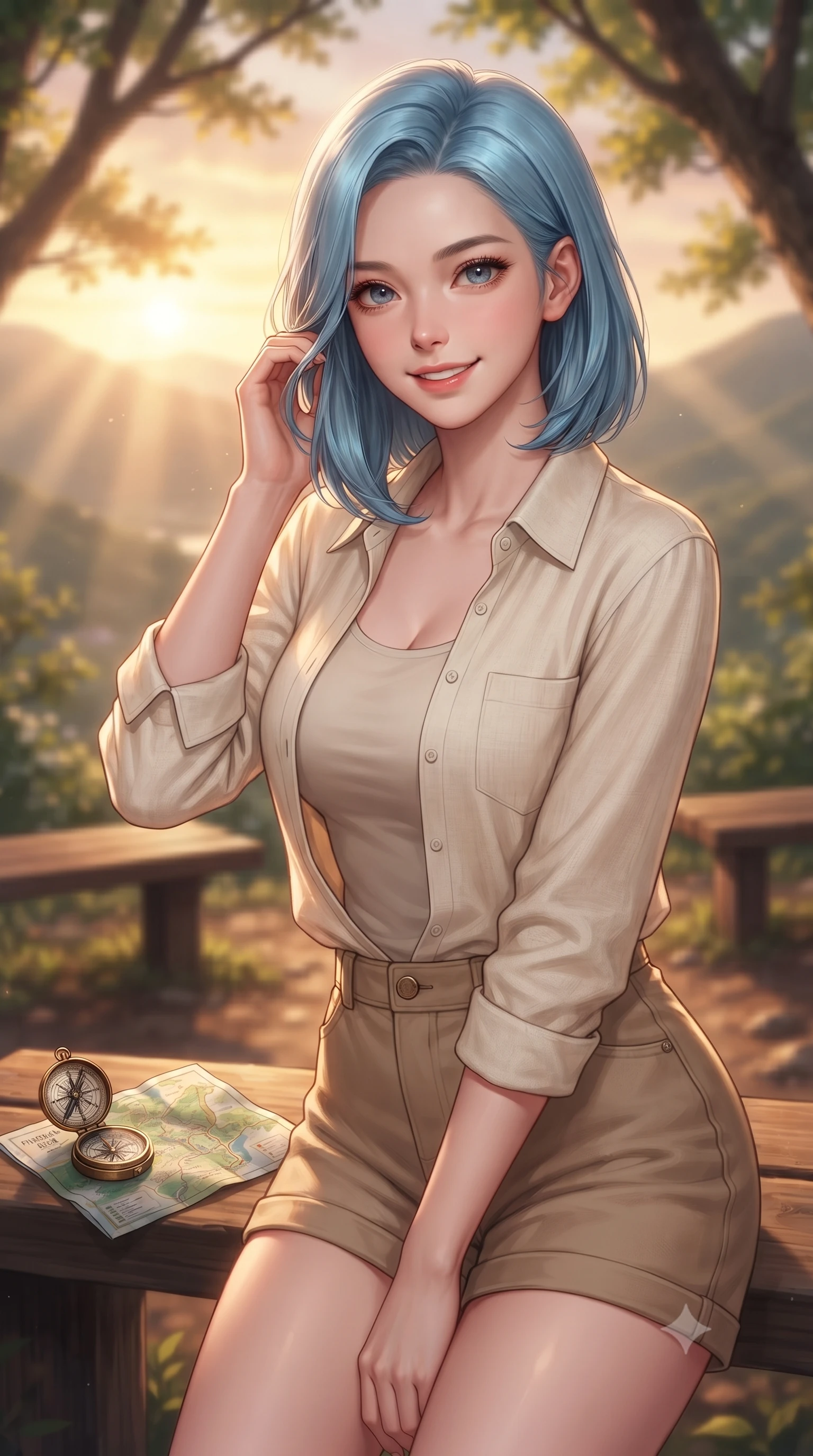score_9, masterpiece, best quality, ultra-detailed, high-budget anime keyframe, editorial fashion photography, tasteful artistic composition, Korean woman. close-up cowboy shot from the waist and thighs up, the character dominates the composition, filling the frame with her large presence, background elements kept in soft focus. smiling cutely while gently brushing a strand of hair behind her ear set against a soft-focus background of at a rest area along a scenic valley hiking trail with wooden benches with a small compass and a map of the forest trail on a nearby bench. She has an exceptionally elegant, slender, and willowy female figure with an ultra-slim waist, a gracefully sculpted slender torso, and a refined silhouette. sharp v-shaped jawline, high-bridge nose, intricate jewel-like eyes with depth, thick eyelashes, glossy lips with a natural sheen. wearing tailored comfortable linen shirt in cream, worn over a tank top and cotton shorts. volumetric sunbeams creating beautiful light shafts through the tree branches. highly saturated vibrant anime colors, detailed shading with soft gradients, rich glossy textures, high-contrast stereoscopic depth, volumetric dynamic lighting, master piece, 9:16 ratio