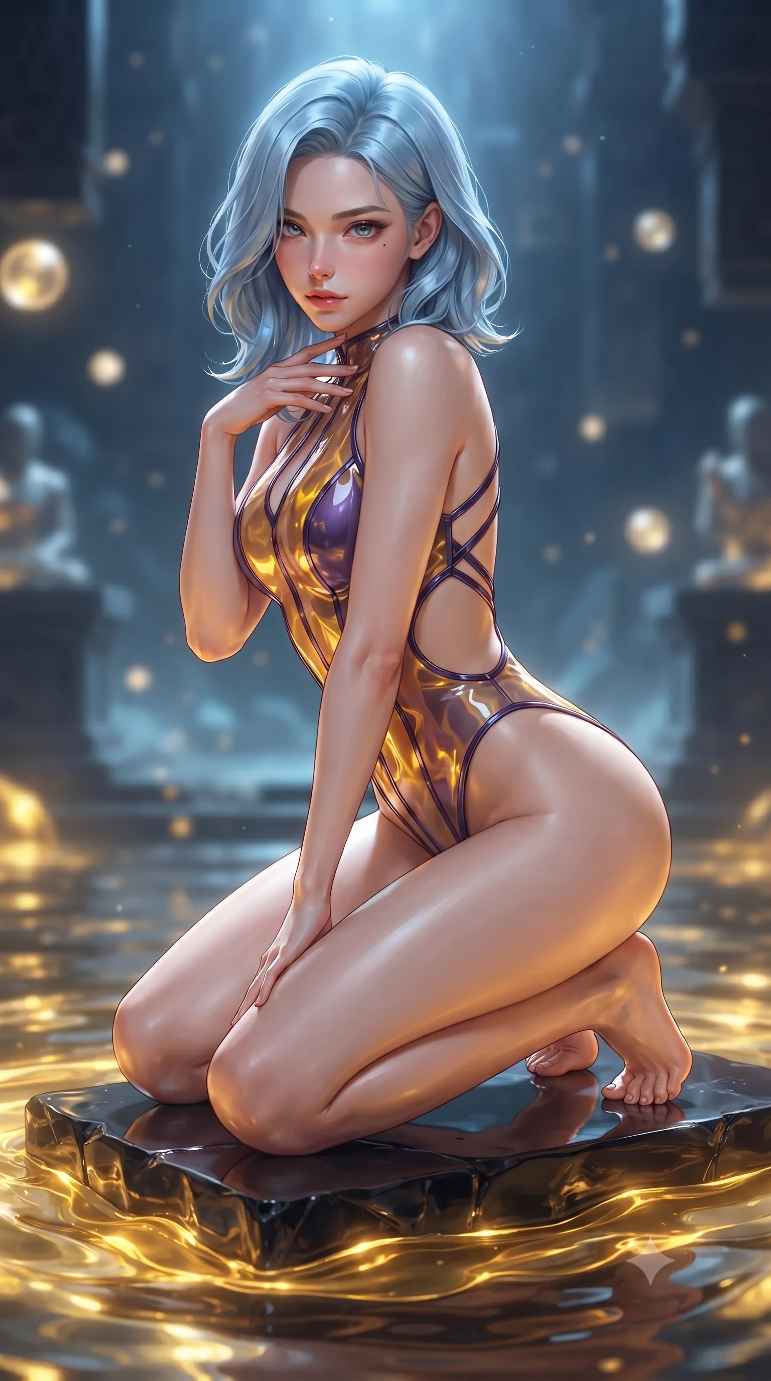 score_9, masterpiece, best quality, ultra-detailed, high-budget anime keyframe, editorial fashion photography, tasteful artistic composition, Korean woman. close-up cowboy shot from the waist and thighs up, the character dominates the composition, filling the frame with her large presence. leaning forward with a dangerous, enticing smolder, resting one hand near her collarbone while casting a fiery, magnetic direct gaze while kneeling gracefully on a floating obsidian dais inside a subterranean tech-sanctuary with glowing liquid gold rippling around her. The composition keeps background elements in soft focus with creamy bokeh. distant cyber-temple altars and floating light orbs softened in deep atmospheric focus. She has an exceptionally elegant, slender, and willowy female figure with an ultra-slim waist, a gracefully sculpted slender torso, and a refined silhouette. sharp v-shaped jawline, high-bridge nose, intricate jewel-like eyes with depth, thick eyelashes, glossy lips with a natural sheen, flawlessly proportioned anatomical accuracy, natural body alignment, perfectly sculpted elegant limbs, clean dynamic posture without body distortion. wearing a high-cut translucent vinyl leotard with front paneling, exposed side-rib cutouts, and an open back in lustrous molten gold and pure deep violet, formed from high-gloss patent material with specular light reflections, complemented by criss-cross back straps highlighting her completely bare spine, the daring cutouts accentuating her delicate midriff, graceful collarbones, and feminine contour. illuminated by intense gold caustics from below and cool blue ambient backlighting. ultra-reflective glossy finish, specular highlights, metallic sheen, high-contrast stereoscopic depth, volumetric dynamic lighting, 2k, ultra detail, master piece, 9:16 ratio