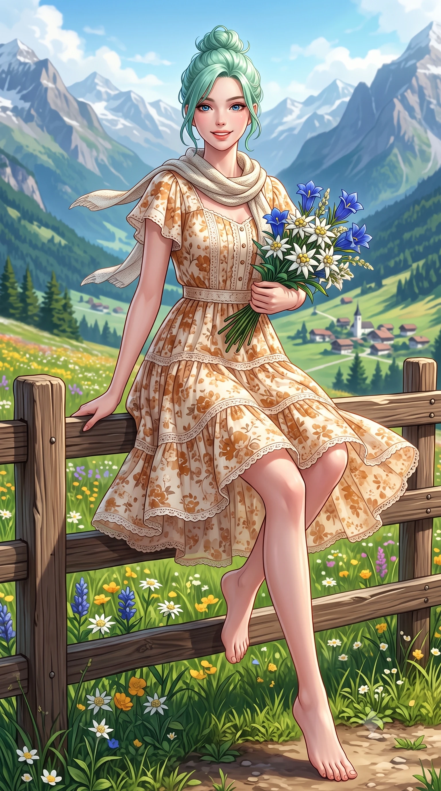 score_9, masterpiece, best quality, ultra-detailed, high-budget anime keyframe, semi-realistic 3D game render, editorial fashion photography, tasteful artistic composition, Japanese woman. low angle full-body shot from head to toe showing her feet, filling the entire 9:16 vertical frame with her statuesque presence, stretching her vertical silhouette. performing a cheerful mid-motion turn with effortless poise, her skirt fluttering softly as she smiles into the camera while sitting delicately on a rustic wooden alpine fence holding a bouquet of freshly picked edelweiss and gentian flowers. The surrounding environment is rendered in vivid detail and crisp panoramic clarity. rich alpine landscape chiaroscuro and breathtaking mountain wilderness captured with crisp environmental precision. She has an absolutely perfect, statuesque 8.5-heads proportion, an exceptionally tall and slender model-like female figure with impossibly long slender legs, a toned flat midriff, and an ultra-slim waist. sharp v-shaped jawline, high-bridge nose, intricate jewel-like eyes with depth, thick eyelashes, glossy lips with a natural sheen, pure and lovely fresh girlhood expression, flawlessly proportioned anatomical accuracy, strict slender model proportions, natural body alignment, perfectly sculpted long slender limbs, ultra-slim waistline, clean dynamic posture without body distortion. wearing a breezy tiered chiffon sundress with delicate floral print and short flutter sleeves in warm caramel and cream vanilla, woven with delicate eyelet lace and breathable cotton voile, finished with a lightweight knitted scarf draped loosely around her neck, the relaxed yet flattering fit accentuating her naturally graceful and slender figure, highlighting her youthful charm and lovely silhouette. surrounded by a fresh, uplifting, and enchantingly pure alpine girlhood aura. highly saturated vibrant anime colors, detailed shading with soft gradients, rich glossy textures, high-contrast stereoscopic depth, volumetric dynamic lighting, master piece, 9:16 ratio