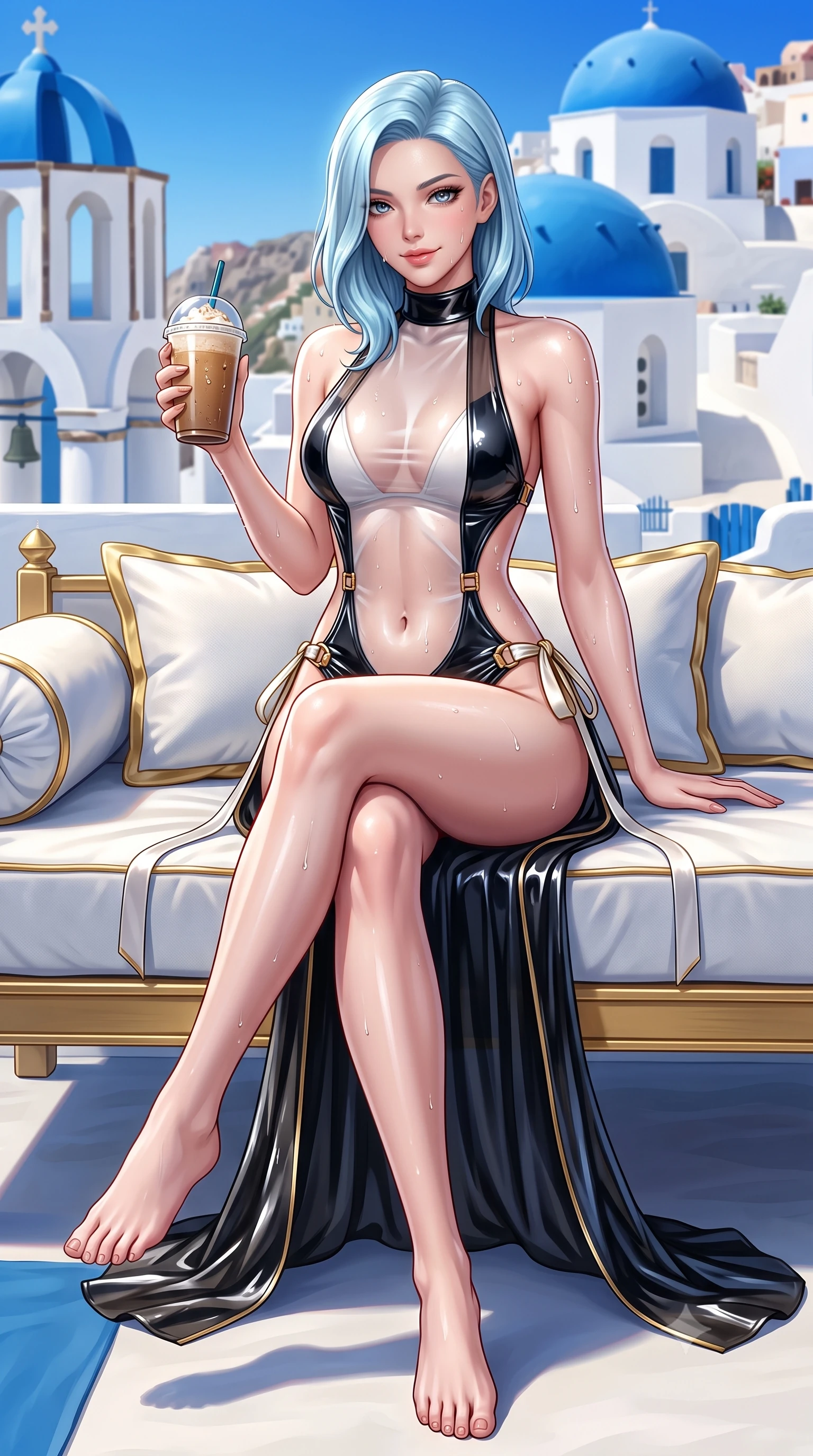 score_9, masterpiece, best quality, ultra-detailed, high-budget anime keyframe, semi-realistic 3D game render, editorial fashion photography, tasteful artistic composition, Korean woman. low angle full-body shot from head to toe showing her feet, filling the entire 9:16 vertical frame with her statuesque presence, stretching her vertical silhouette. lounging on the lavish daybed with legs crossed and hips angled toward the camera, displaying her toned midriff and long slender limbs with effortless siren poise while sitting perched on the whitewashed wall with legs crossed, holding an iced frappe while casting a teasing, coquettish smile. The surrounding environment is rendered in vivid detail and crisp panoramic clarity: detailed plunging zip rashguard cling, glossy lip sheen, and classic Cycladic architecture in razor-sharp precision. She has an absolutely perfect, statuesque 8.5-heads proportion, an exceptionally tall and slender model-like female figure with impossibly long slender legs, an ultra-slim waist, a flat toned midriff, narrow delicate ribcage, and beautifully sculpted feminine hips creating a graceful, slim hourglass silhouette without any bulky heaviness. sharp v-shaped jawline, high-bridge nose, sparkling eyes with hypnotic seductive depth, thick curled eyelashes, glossy parted lips with a natural dewy peach sheen, alluring bedroom-eyes with an enchanting coquettish smile, exuding magnetic siren charisma and sophisticated glamour, flawlessly proportioned anatomical accuracy, strict slender model proportions, natural body alignment, perfectly sculpted long slender limbs, ultra-slim waistline, clean dynamic posture without body distortion. wearing a provocative high-neck sheer illusion beach coverup with liquid satin ribbons contouring her curves in high-contrast coastal monochrome with gold hardware, crafted from wet-look high-gloss vinyl fabric with dazzling specular surface reflections, finished with glistening drops of seawater beading across her sculpted shoulders and flat midriff, the precision-cut side openings and low-back scoop framing her graceful spine and the sensual sweep of her slim, toned hips. illuminated by Aegean water reflection fill and sharp platinum rim lights sculpting her delicate clavicles, narrow waist, and curvy hips. highly saturated vibrant anime colors, detailed shading with soft gradients, rich glossy textures, high-contrast stereoscopic depth, volumetric dynamic lighting, master piece, 9:16 ratio