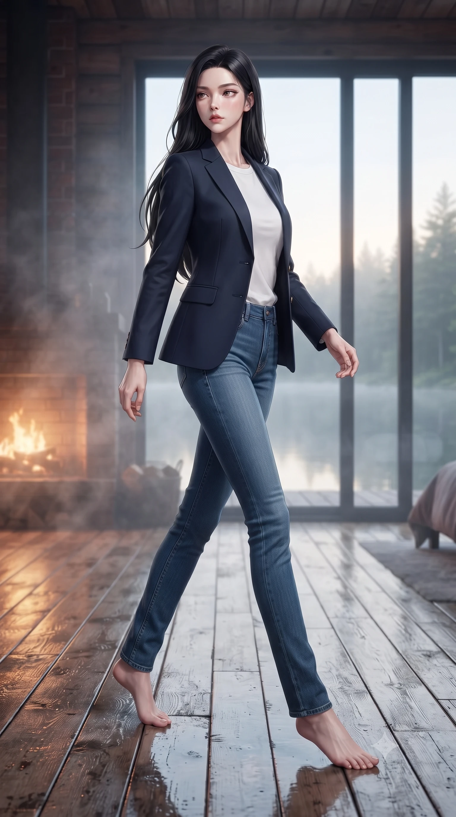 score_9, masterpiece, best quality, ultra-detailed, high-budget anime keyframe, editorial fashion photography, tasteful artistic composition, Korean woman woman. low angle full-body shot from head to toe showing her feet, filling the entire 9:16 vertical frame with her statuesque presence, stretching her vertical silhouette. stepping gracefully while looking back over her shoulder, her dress draped tightly to reveal her silhouette the background shows a soft-focus a rustic bedroom of a lakeside cabin, facing a large glass window looking out at misty waters. She has an absolutely perfect, statuesque 8.5-heads proportion, an exceptionally tall and slender model-like female figure with impossibly long slender legs and an ultra-slim waist. sharp v-shaped jawline, high-bridge nose, intricate jewel-like eyes with depth, thick eyelashes, glossy lips with a natural sheen. wearing a body-hugging classic navy blue blazer over a white crewneck shirt and straight-leg blue jeans. soft morning mist diffusing the warm light of a brick fireplace. ultra-reflective glossy finish, specular highlights, metallic sheen, high-contrast stereoscopic depth, volumetric dynamic lighting, 2k, ultra detail, master piece, 9:16 ratio