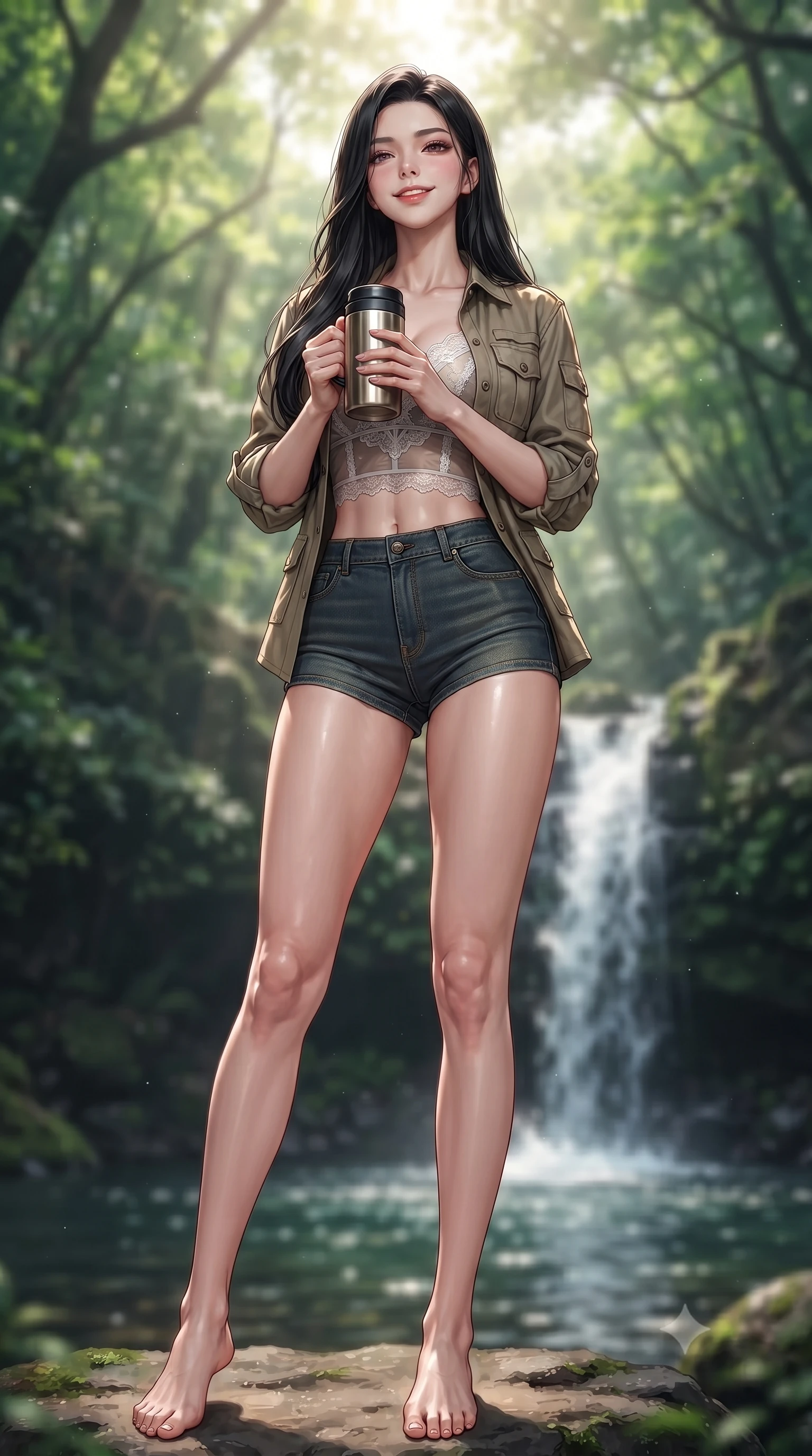 score_9, masterpiece, best quality, ultra-detailed, high-budget anime keyframe, editorial fashion photography, tasteful artistic composition, Korean woman. low angle full-body shot from head to toe showing her feet, filling the entire 9:16 vertical frame with her statuesque presence, stretching her vertical silhouette. standing in a captivating power pose, tilting her chin up with a smoldering, bright expression set against a soft-focus background of near a beautiful forest waterfall with clean water splashing into a pool holding a thermos mug of warm tea, smiling cozy at the camera. She has an absolutely perfect, statuesque 8.5-heads proportion, an exceptionally tall and slender model-like female figure with impossibly long slender legs and an ultra-slim waist. sharp v-shaped jawline, high-bridge nose, intricate jewel-like eyes with depth, thick eyelashes, glossy lips with a natural sheen. wearing slim-fit delicate lace-accented crop top under an open utility shirt, paired with micro-shorts. dappled sunbeams filtering through the dense green forest canopy. ultra-reflective glossy finish, specular highlights, metallic sheen, high-contrast stereoscopic depth, volumetric dynamic lighting, 2k, ultra detail, master piece, 9:16 ratio