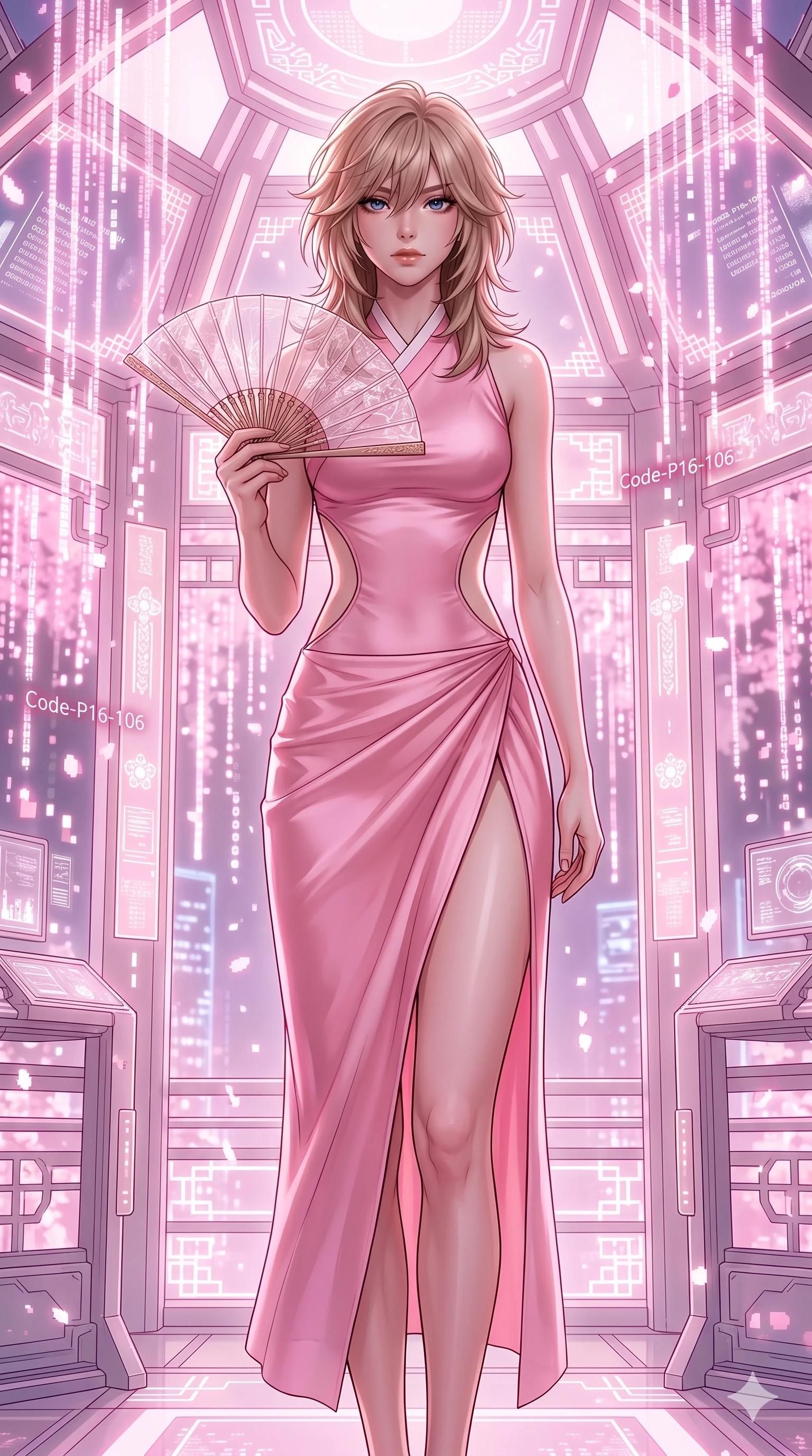 score_9, masterpiece, best quality, ultra-detailed, high-budget anime keyframe, editorial fashion photography, tasteful artistic composition, Japanese woman. cowboy shot from the thighs up, character and outfit filling the frame for maximum editorial presence. holding a transparent hand-fan, looking directly into the camera with quiet self-assurance inside a glowing cyber-hanbok pavilion with digital sakura blizzard (Code-P16-106). She has an absolutely perfect 8-heads proportion, an exceptionally tall and slender female figure with impossibly long slender legs and an ultra-slim waist. V-shaped jawline, high-bridge nose, intricate jewel-like eyes with depth, thick eyelashes, glossy lips with a natural sheen. wearing a modern fusion pink silk hanbok dress with side cutouts and a high-slit wrap skirt. soft pink glow from the digital sakura petals, casting organic shadows and a warm aura. 2k, ultra detail, master piece, 9:16 ratio