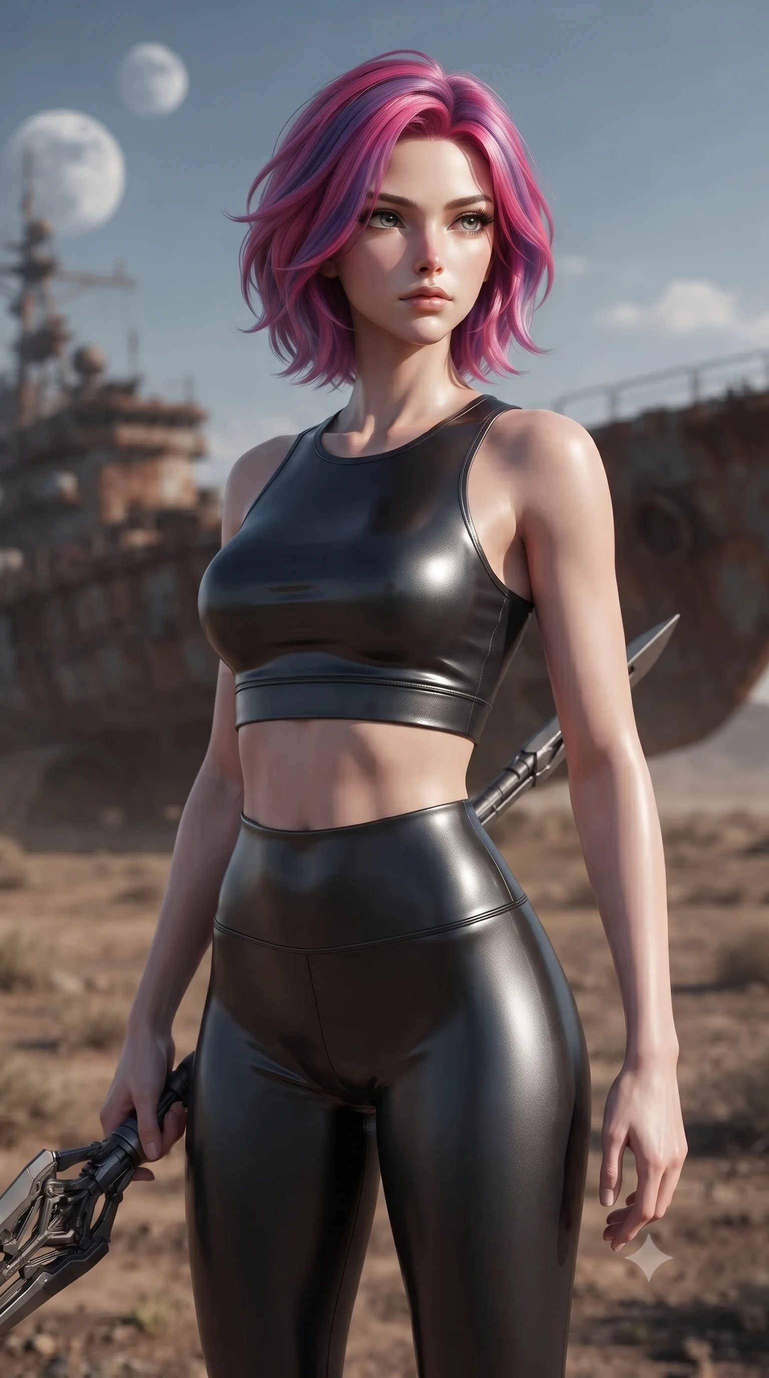 score_9, masterpiece, best quality, ultra-detailed, high-budget anime keyframe, editorial fashion photography, tasteful artistic composition, Caucasian woman. close-up cowboy shot from the waist and thighs up, the character dominates the composition, filling the frame with her large presence, background elements kept in soft focus. holding a deactivated nanotech glaive, looking past the camera with quiet, sharp focus and a composed expression, the background shows a soft-focus a rusted battleship deck parked on a dry dusty plain under two moons. She has an exceptionally elegant, slender, and willowy female figure with an ultra-slim waist, a gracefully sculpted slender torso, and a refined silhouette. sharp v-shaped jawline, high-bridge nose, intricate jewel-like eyes with depth, thick eyelashes, glossy lips with a natural sheen. wearing a form-contouring form-fitting athletic crop top and matching high-waisted compression leggings in sleek carbon-black tech fabric. cool silver moonlight casting high-contrast chiaroscuro shadows on her gear. ultra-reflective glossy finish, specular highlights, metallic sheen, high-contrast stereoscopic depth, volumetric dynamic lighting, 2k, ultra detail, master piece, 9:16 ratio
