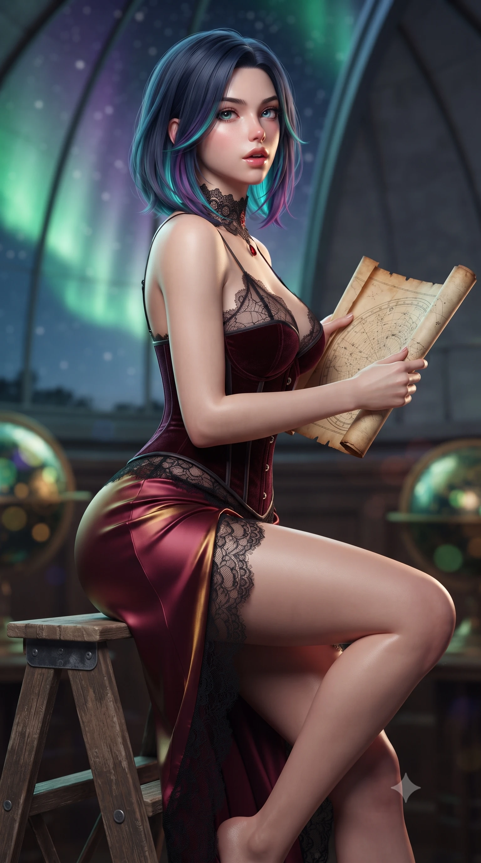 score_9, masterpiece, best quality, ultra-detailed, high-budget anime keyframe, editorial fashion photography, tasteful artistic composition, Caucasian woman. close-up cowboy shot from the waist and thighs up, the character dominates the composition, filling the frame with her large presence. posing in an alluring rear three-quarter angle, looking over a bare shoulder with parted glossy lips, her hips cocked back to highlight her slim hourglass curve while sitting perched on the observatory wooden ladder with legs crossed, holding an antique star chart with effortless sovereign charm. The background shows a soft-focus swirling green and violet northern lights across the starry sky, curved copper dome interior, and brass celestial globes blurred into emerald, amethyst, and gold bokeh. She has an exceptionally elegant, slender, and willowy female figure with an ultra-slim waist, flat toned midriff, narrow ribcage, and sculpted feminine hips creating an alluring, slim hourglass silhouette without bulk. sharp v-shaped jawline, high-bridge nose, sparkling eyes with hypnotic seductive depth, thick curled eyelashes, glossy parted lips with a natural dewy peach sheen, alluring bedroom-eyes with an enchanting coquettish smile, exuding magnetic siren charisma and sophisticated glamour, flawlessly proportioned anatomical accuracy, strict slender model proportions, natural body alignment, perfectly sculpted long slender limbs, ultra-slim waistline, clean dynamic posture without body distortion. wearing a plunging sweetheart-neckline boned velvet underbust corset over a sheer spiderweb lace camisole and high-slit satin skirt in smoldering bordeaux wine and liquid gold with black chantilly lace, made of delicate semi-sheer French Chantilly lace with intricate eyelash edges, accented with an ornate black lace Victorian choker featuring a single blood-red teardrop garnet, the glove-like clinging cut tightly following the natural contour of her hips and long slender legs with youthful 8.5-heads elegance. illuminated by brass tube specular highlights and sharp cyan-magenta rim lights defining her delicate clavicles, ultra-slim waist, and curvy hips. ultra-reflective glossy finish, specular highlights, rich textural contrasts, high-contrast stereoscopic depth, volumetric dynamic lighting, 2k, ultra detail, master piece, 9:16 ratio