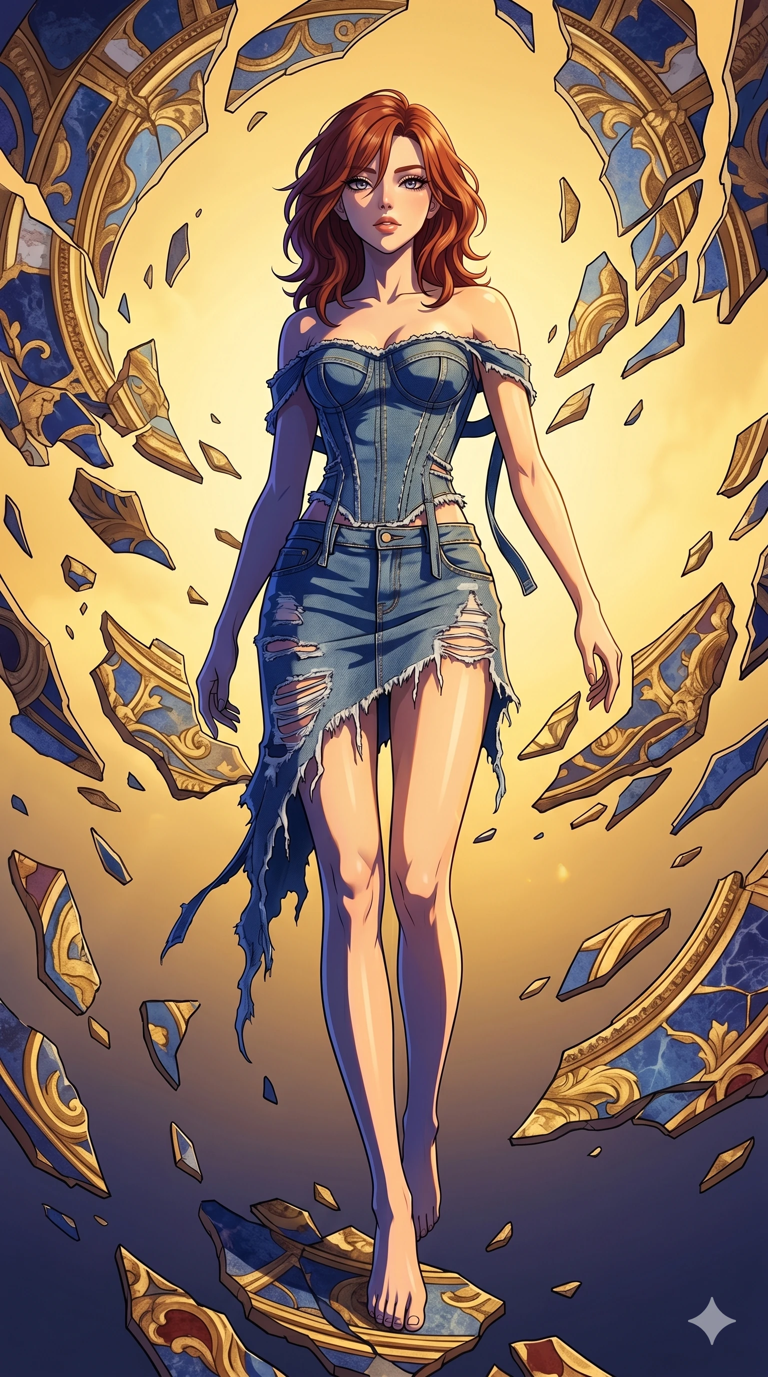 score_9, masterpiece, best quality, ultra-detailed, high-budget anime keyframe, Caucasian woman, strictly human ears. low angle full-body shot filling the entire 9:16 frame with her statuesque presence, stretching the vertical silhouette. propelling herself off digital baroque ceiling fresco shards that float and reassemble in a golden sky. She has an absolutely perfect 8-heads proportion, an exceptionally tall and slender female figure with impossibly long slender legs and an ultra-slim waist. V-shaped jawline, high-bridge nose, intricate jewel-like eyes with depth, thick eyelashes, glossy lips with a natural sheen.. wearing a deconstructed denim corset and an asymmetric ripped denim micro-skirt, showcasing a rugged yet chic off-shoulder style. accented by dynamic color-blocked lighting with high-contrast shadows emphasizing her statuesque height. 2k, ultra detail, master piece, 9:16 ratio