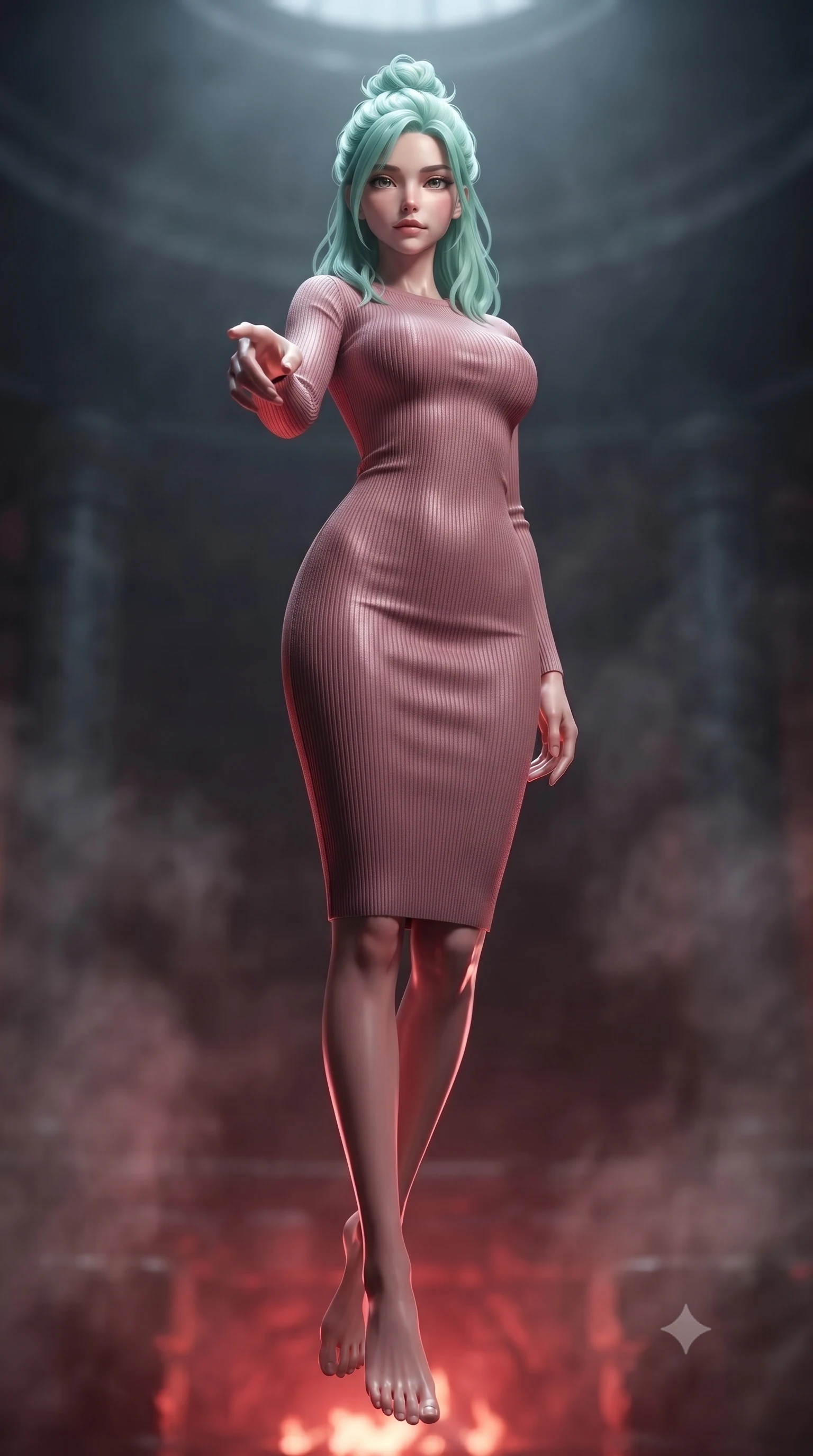 score_9, masterpiece, best quality, ultra-detailed, high-budget anime keyframe, editorial fashion photography, tasteful artistic composition, Japanese woman woman. low angle full-body shot from head to toe showing her feet, filling the entire 9:16 vertical frame with her statuesque presence, stretching her vertical silhouette. She has an absolutely perfect, statuesque 8.5-heads proportion, an exceptionally tall and slender model-like female figure with impossibly long slender legs and an ultra-slim waist. floating dynamically in zero-gravity with flawless poise, reaching her hand forward gracefully, flawlessly proportioned anatomical accuracy, natural body alignment, perfectly sculpted elegant limbs, clean dynamic posture without body distortion. set against a soft-focus background of a dark basalt thermal bath chamber with rising mineral steam. wearing a sculpted dusty rose ribbed knit bodycon dress with form-contouring side seams. bathed in warm crimson furnace glow from below contrasting with cool top ambient light. ultra-reflective glossy finish, specular highlights, metallic sheen, high-contrast stereoscopic depth, volumetric dynamic lighting, 2k, ultra detail, master piece, 9:16 ratio