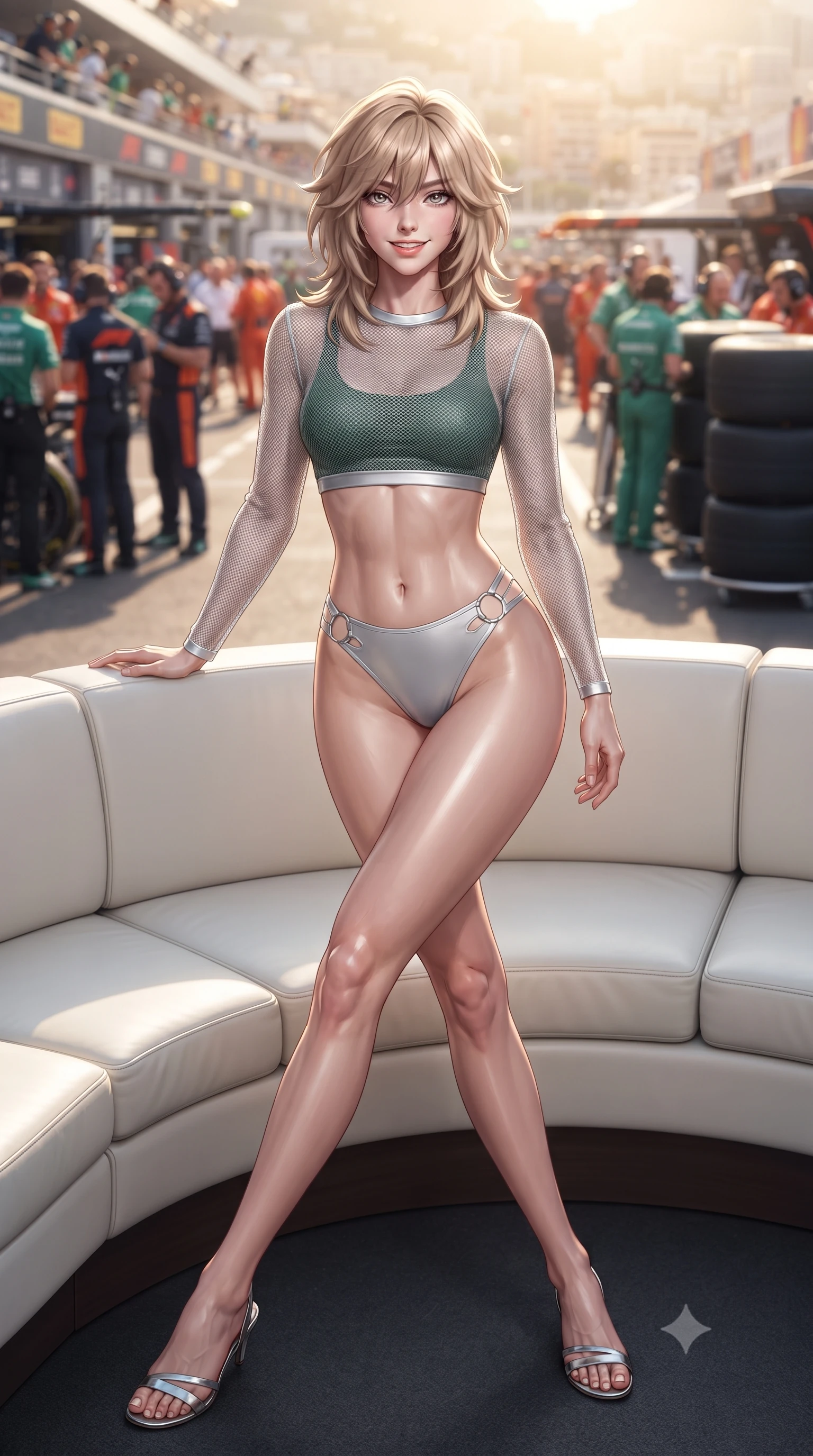 score_9, masterpiece, best quality, ultra-detailed, high-budget anime keyframe, editorial fashion photography, tasteful artistic composition, Japanese woman. low angle full-body shot from head to toe showing her feet, filling the entire 9:16 vertical frame with her statuesque presence, stretching her vertical silhouette. stepping forward gracefully across the paddock tarmac in mid-motion with a radiant beaming smile, hips swaying in an alluring kinetic rhythm that accentuates her curvy hourglass silhouette and long slender legs while lounging gracefully on an outdoor white leather banquette propped on one elbow, her flat midriff and long slender legs commanding the glamorous Grand Prix vista. The background shows a soft-focus F1 pit crews in colorful uniforms and stacks of racing tires softened in glamorous Riviera motorsport shallow focus. She has an absolutely perfect, statuesque 8.5-heads proportion, an exceptionally tall and slender model-like female figure with impossibly long slender legs, an ultra-slim waist, a flat toned midriff, narrow delicate ribcage, and beautifully sculpted feminine hips creating a graceful, slim hourglass silhouette without any bulky heaviness. sharp v-shaped jawline, high-bridge nose, sparkling eyes with athletic focus and depth, thick curled eyelashes, glossy parted lips with a natural coral-peach sheen, bright confident and coquettish smile with alluring bedroom-eyes, exuding both youthful sporty vigor and sovereign high-society glamour, flawlessly proportioned anatomical accuracy, strict slender model proportions, natural body alignment, perfectly sculpted long slender limbs, ultra-slim waistline, clean dynamic posture without body distortion. wearing a sheer athletic mesh long-sleeve crop top layered over an opaque racing bralette and high-cut tennis briefs in alpine silver platinum and forest green, tailored from ultra-soft fine cashmere yarn with an airy athletic drape, finished with sharp laser-cut side ventilation cutouts framed by chrome rings, the liquid-tight tailored fabric clinging flawlessly to her narrow waist and rounded feminine hips, emphasizing every millimeter of her sculpted slim hourglass curves without any bulky heaviness. bathed in brilliant Mediterranean golden hour sunlight streaming across the harbor. ultra-reflective glossy finish, specular highlights, rich textural contrasts, high-contrast stereoscopic depth, volumetric dynamic lighting, 2k, ultra detail, master piece, 9:16 ratio
